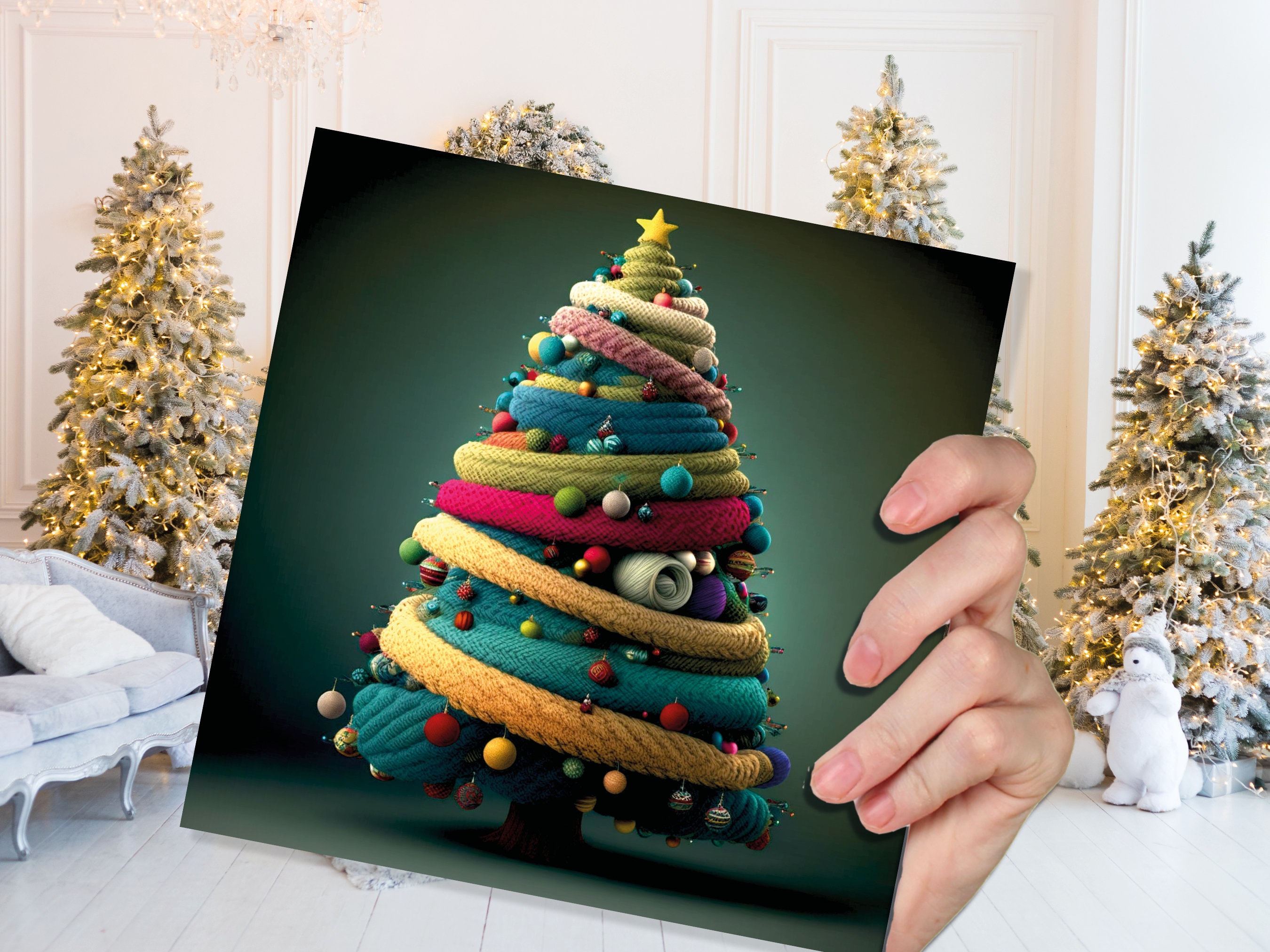 Woollen Christmas Tree Card Knitted Knitting Crochet Yarn Wool Crafters Crafting Knitted Bobbles Felt Fun Xmas Cards For Family Friends 2025 - View 4