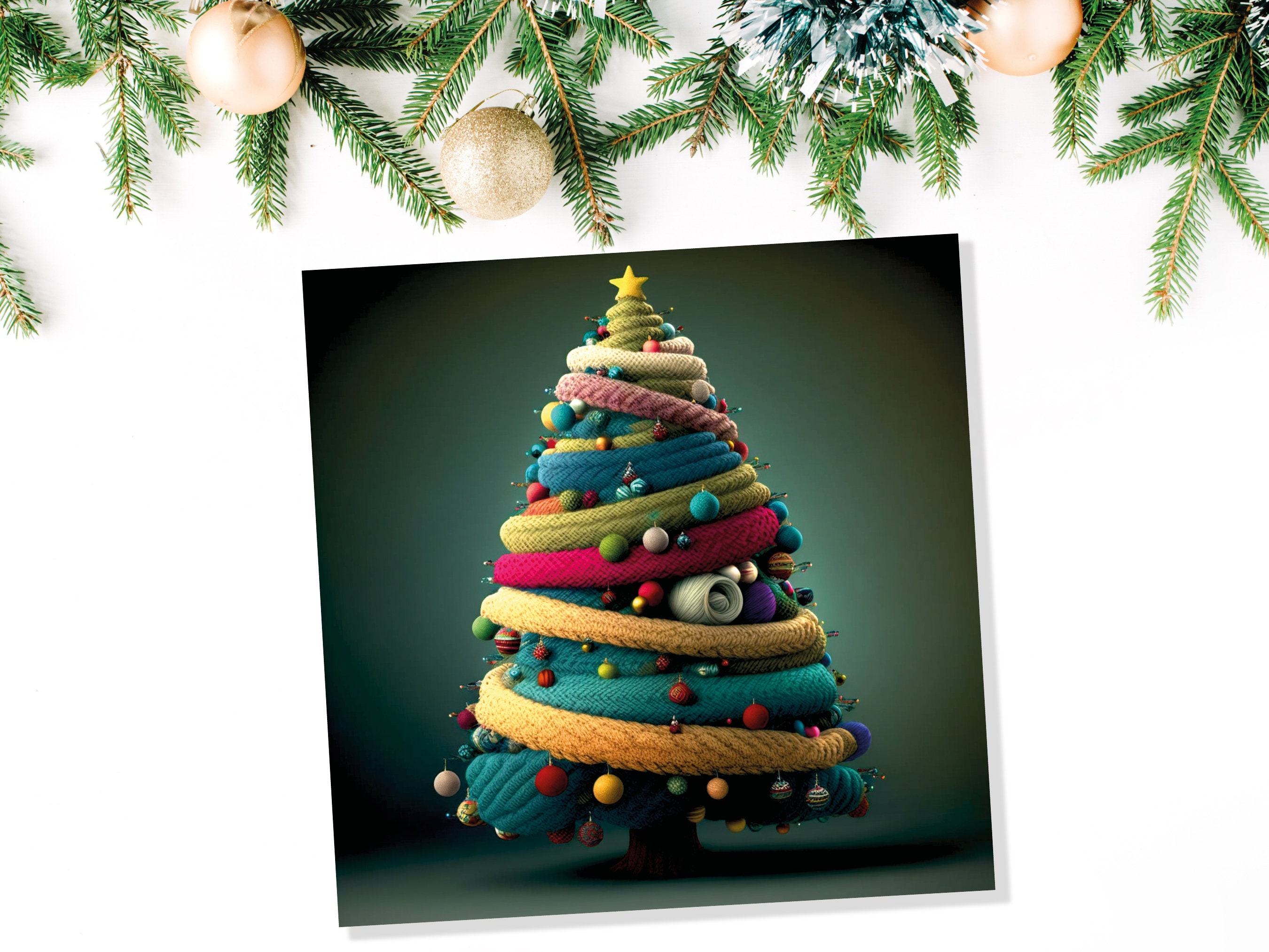 Woollen Christmas Tree Card Knitted Knitting Crochet Yarn Wool Crafters Crafting Knitted Bobbles Felt Fun Xmas Cards For Family Friends 2025 - View 5