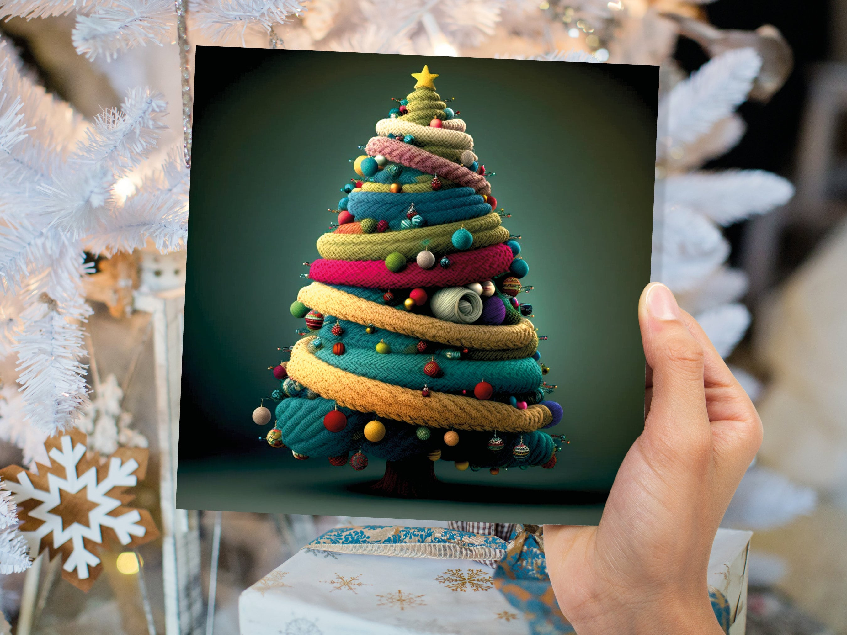 Woollen Christmas Tree Card Knitted Knitting Crochet Yarn Wool Crafters Crafting Knitted Bobbles Felt Fun Xmas Cards For Family Friends 2025 - View 3