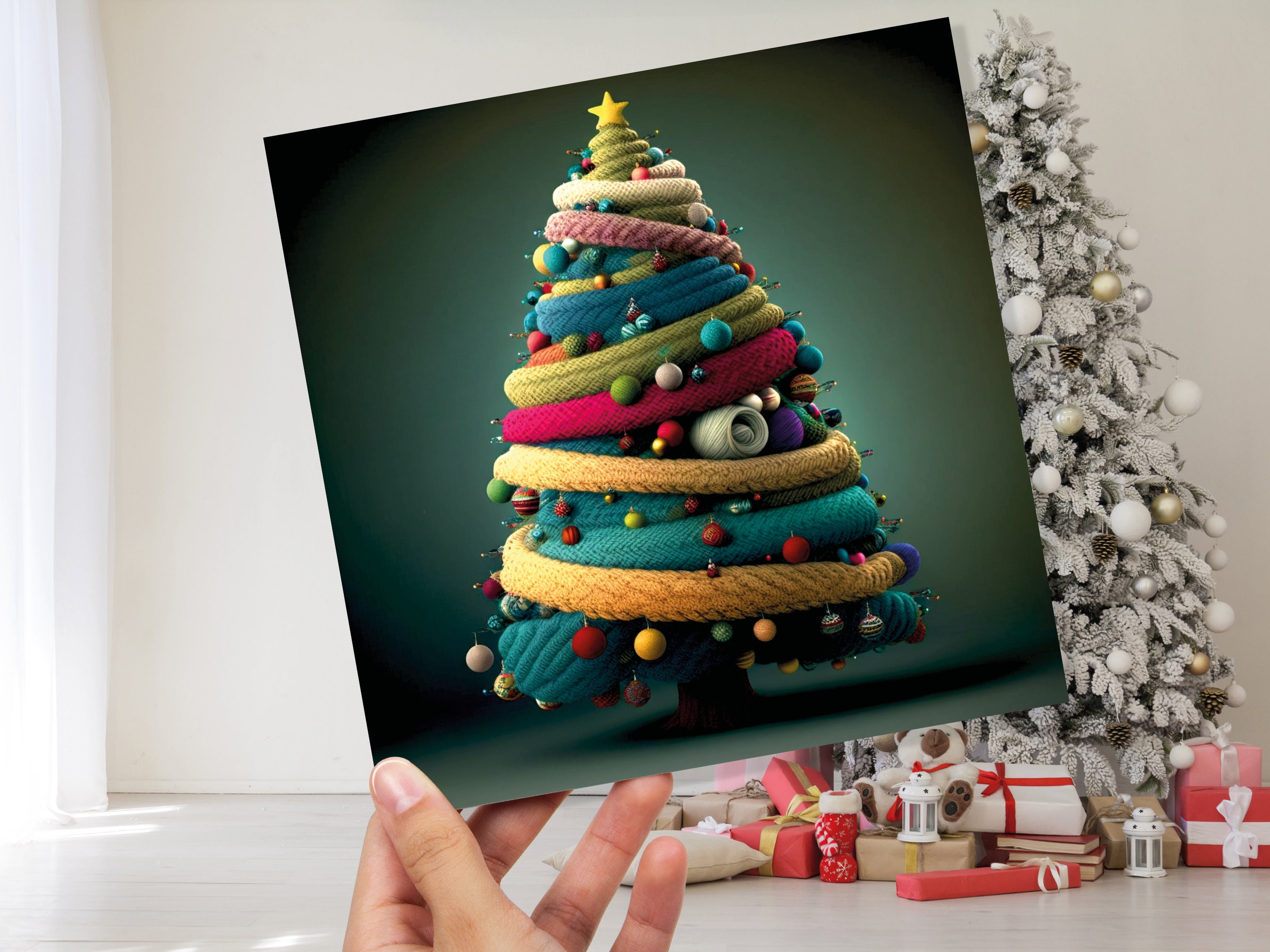 Woollen Christmas Tree Card Knitted Knitting Crochet Yarn Wool Crafters Crafting Knitted Bobbles Felt Fun Xmas Cards For Family Friends 2025 - View 9