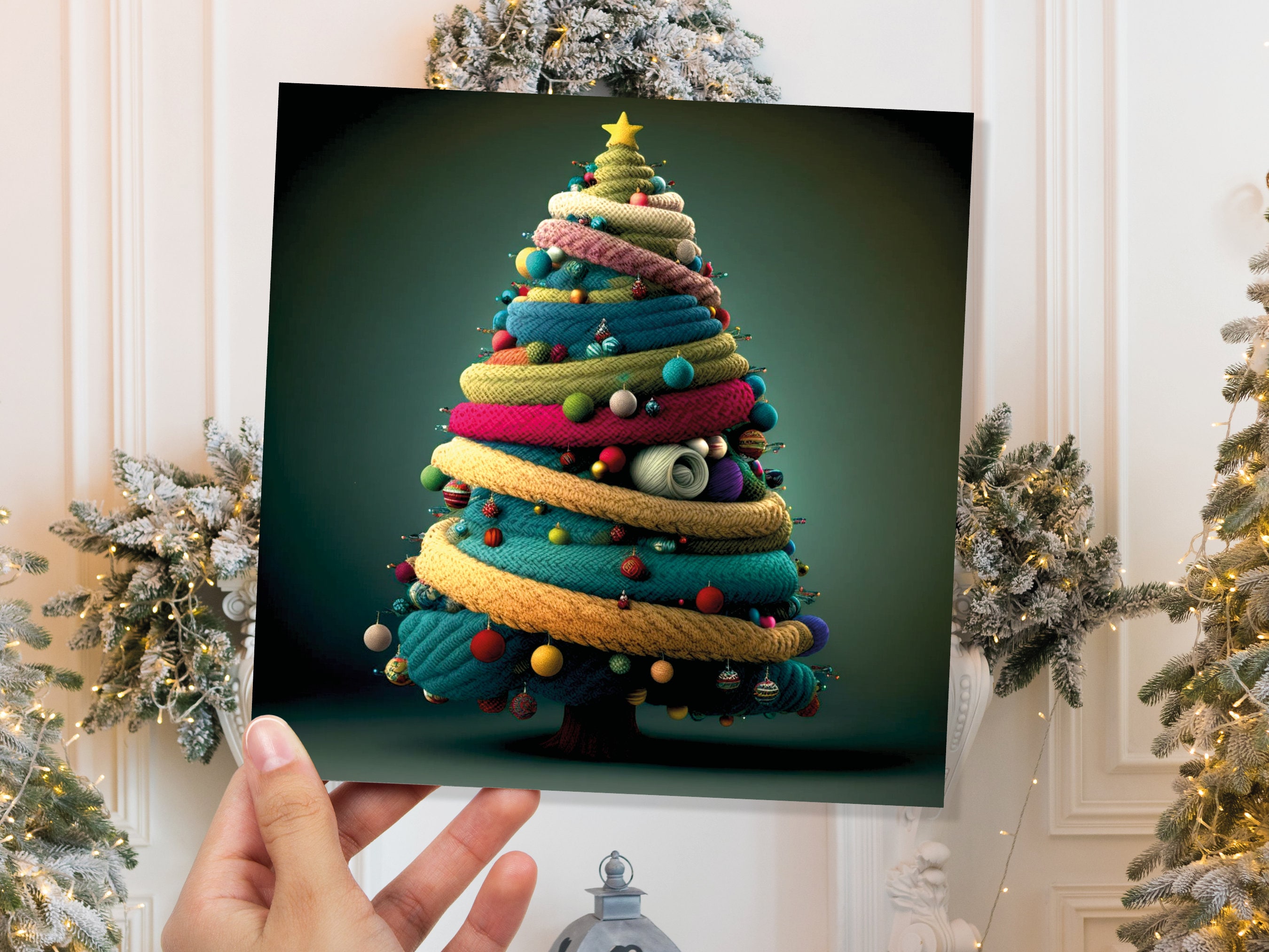 Woollen Christmas Tree Card Knitted Knitting Crochet Yarn Wool Crafters Crafting Knitted Bobbles Felt Fun Xmas Cards For Family Friends 2025 - View 2