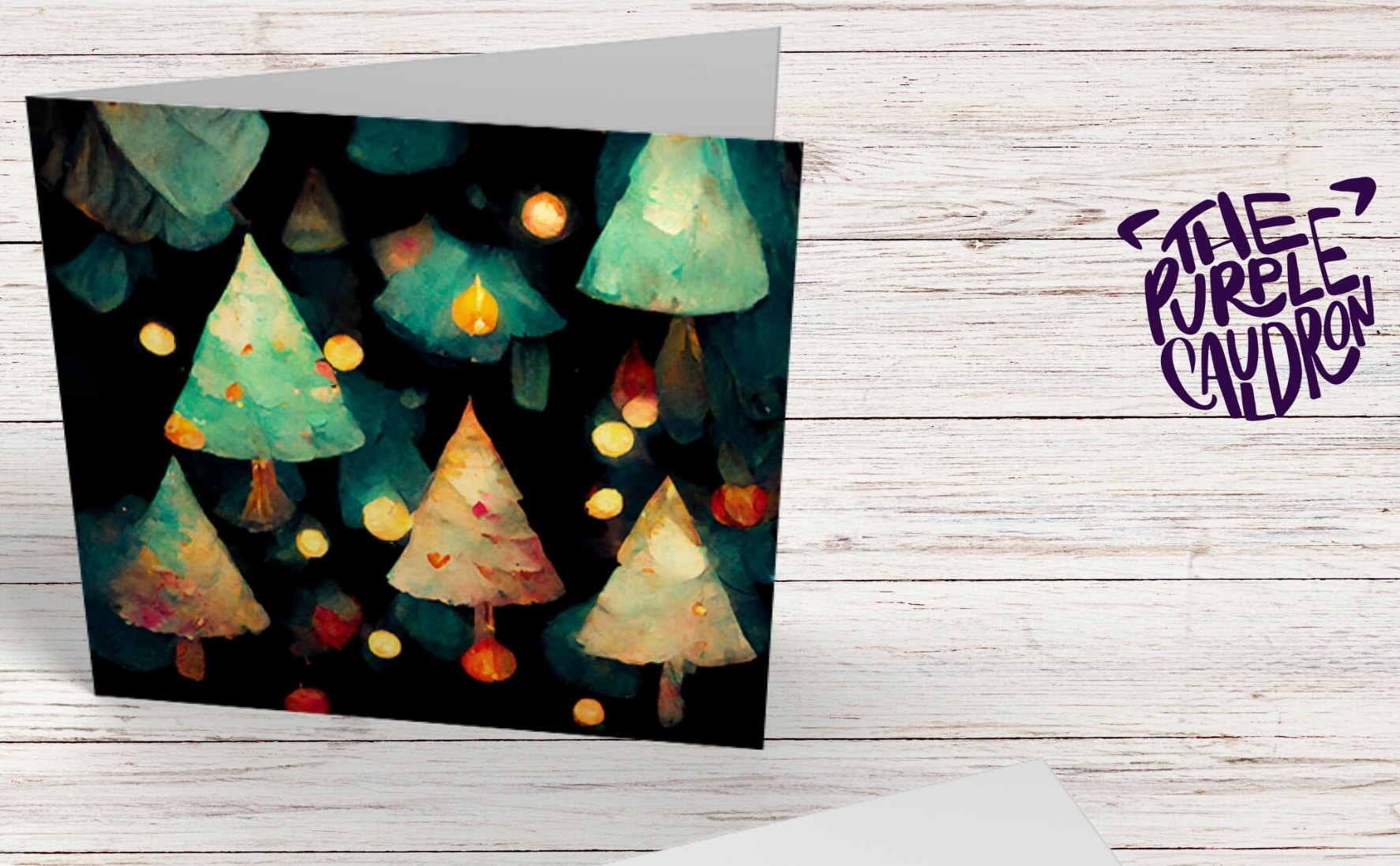 Abstract Christmas Card with Trees and Fairy Lights Magical Pattern Pretty Unique Whimsical Dark Green Greetings Family Friends Xmas 2025 - View 2