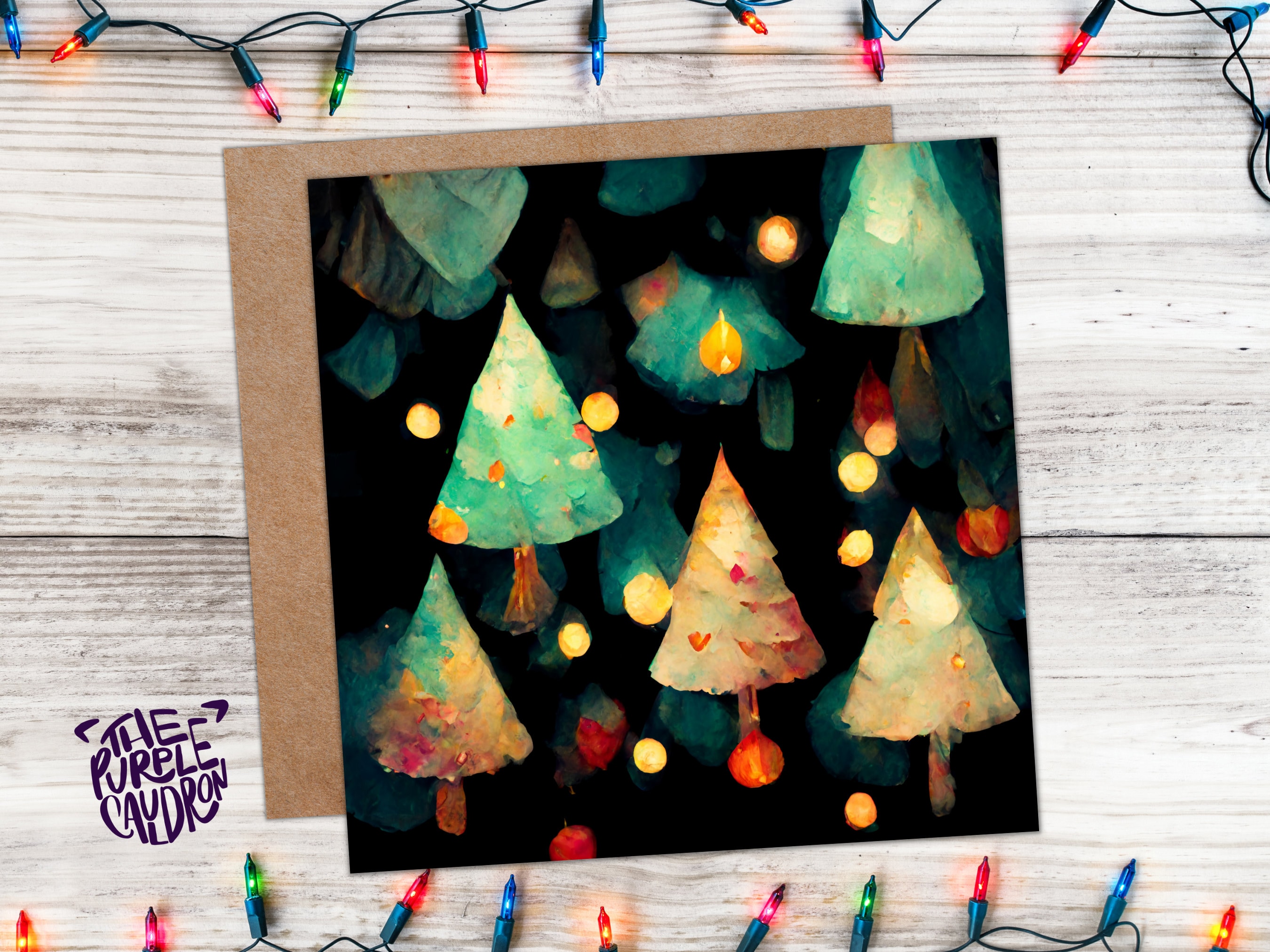 Abstract Christmas Card with Trees and Fairy Lights Magical Pattern Pretty Unique Whimsical Dark Green Greetings Family Friends Xmas 2025 - View 4