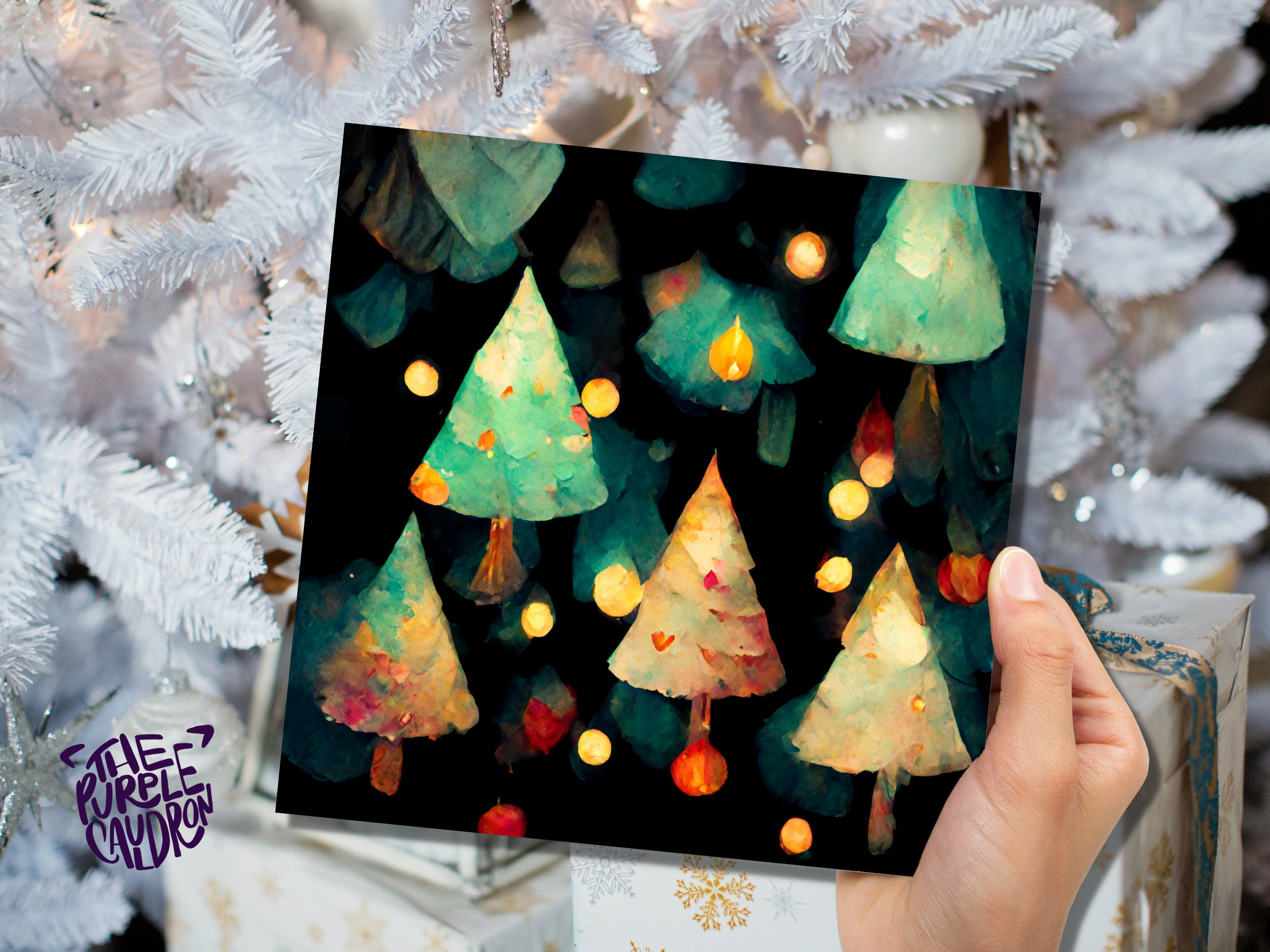 Abstract Christmas Card with Trees and Fairy Lights Magical Pattern Pretty Unique Whimsical Dark Green Greetings Family Friends Xmas 2025 - View 7