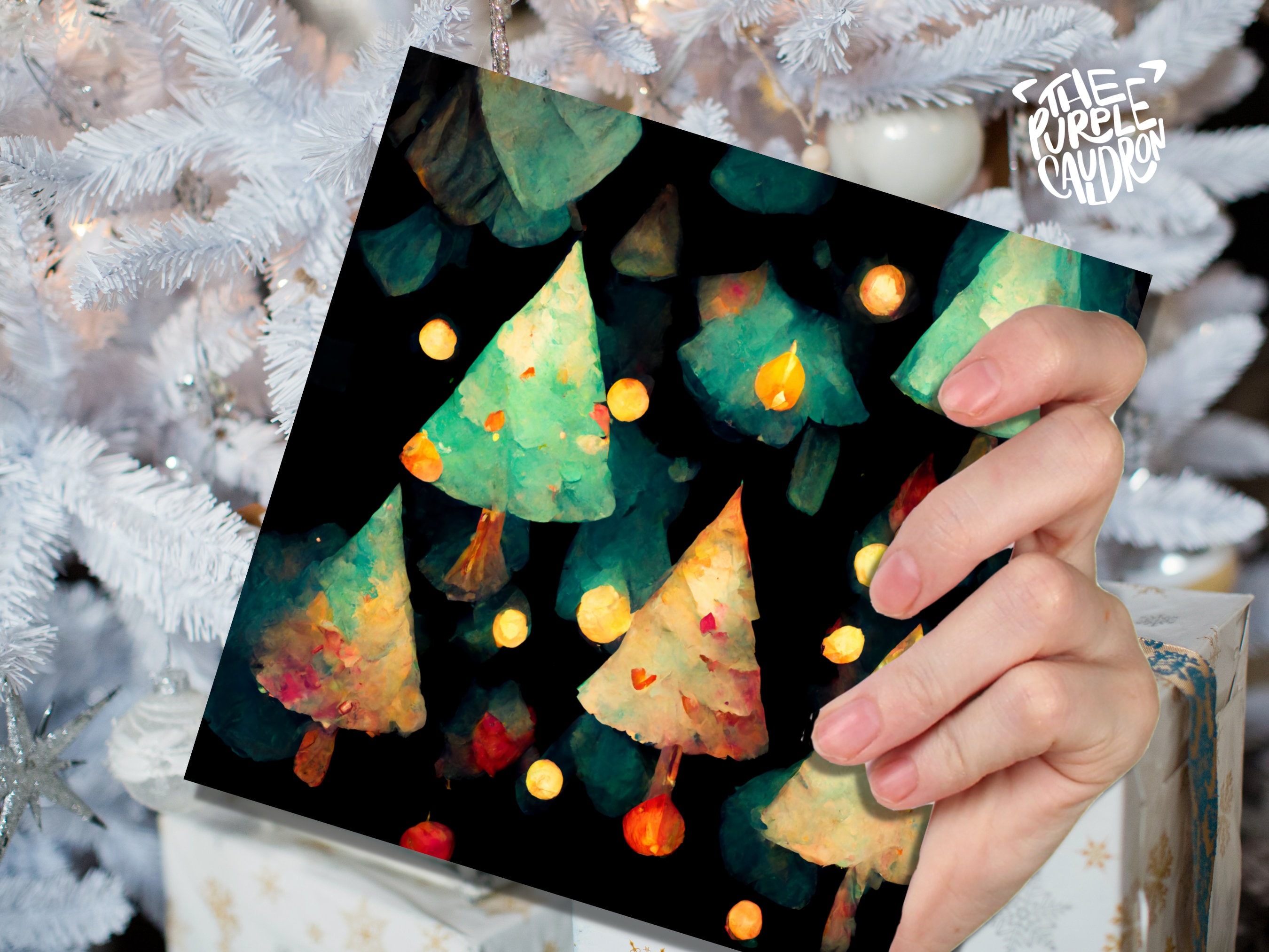 Abstract Christmas Card with Trees and Fairy Lights Magical Pattern Pretty Unique Whimsical Dark Green Greetings Family Friends Xmas 2025 - View 3