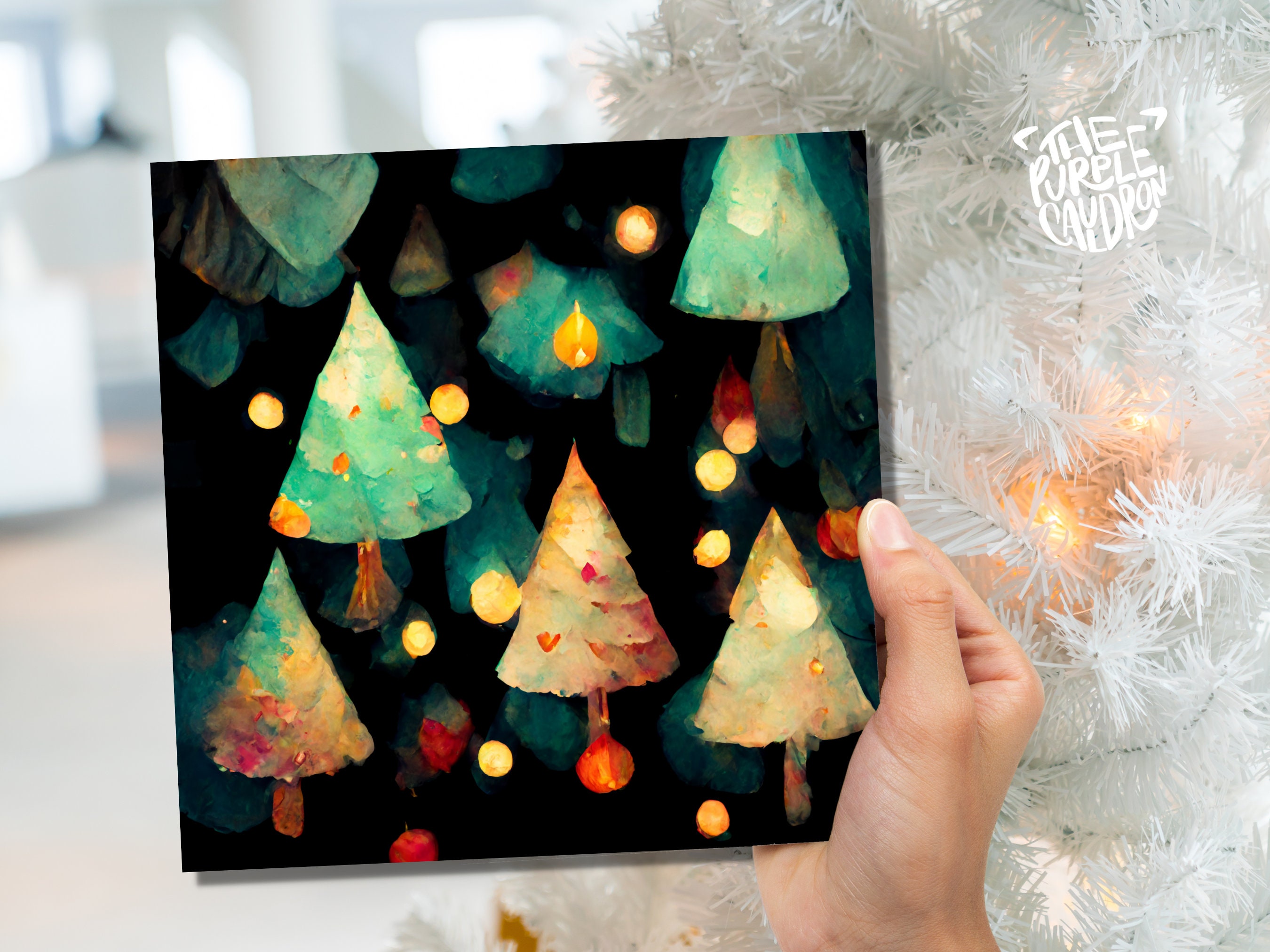 Abstract Christmas Card with Trees and Fairy Lights Magical Pattern Pretty Unique Whimsical Dark Green Greetings Family Friends Xmas 2025 - View 5