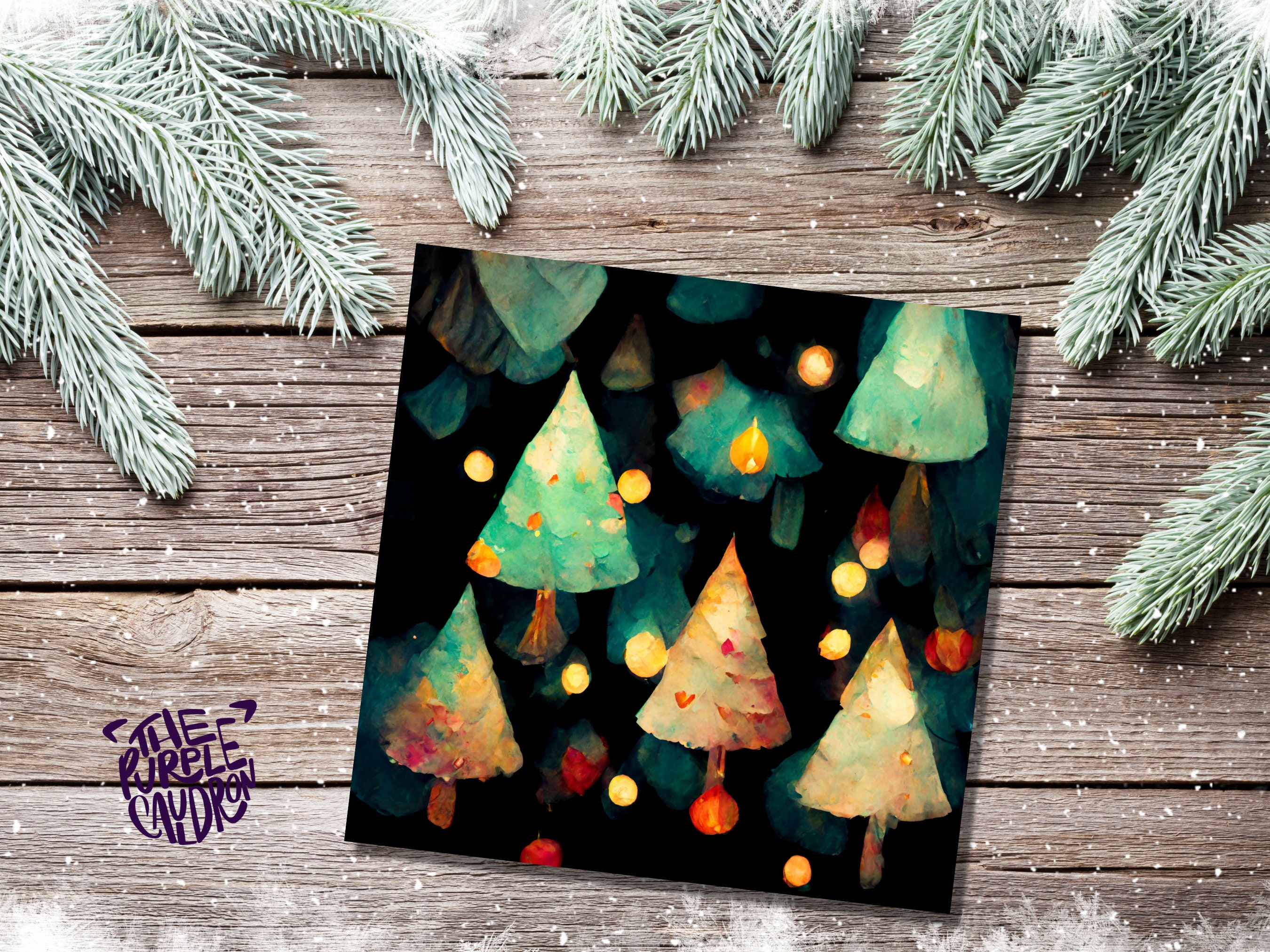 Abstract Christmas Card with Trees and Fairy Lights Magical Pattern Pretty Unique Whimsical Dark Green Greetings Family Friends Xmas 2025 - View 6