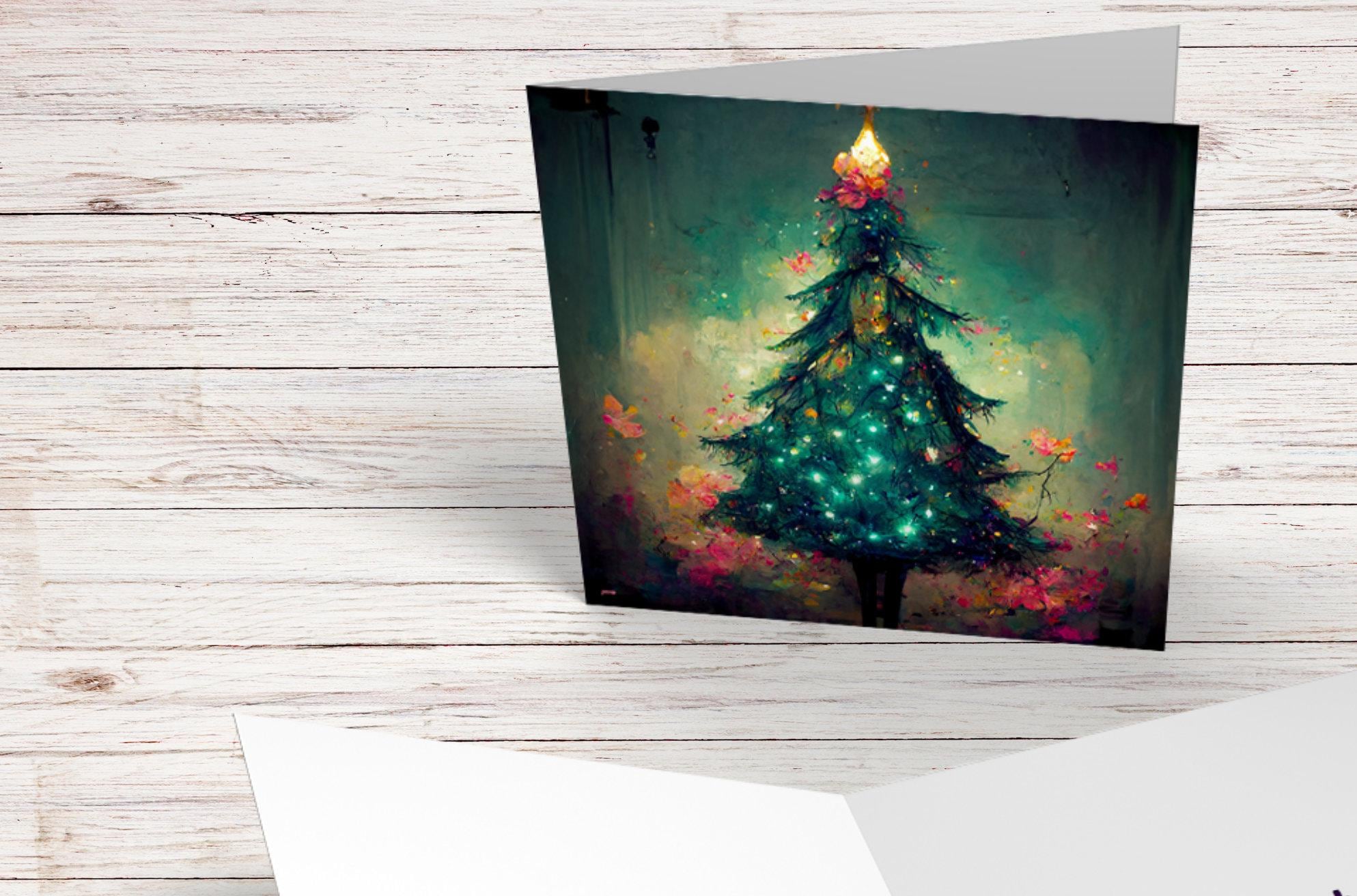 Pretty Christmas Card with Magical Tree and Fairy Lights Painting Unique Whimsical Teal Green Pink Greetings For Family Friends Xmas 2025 - View 4