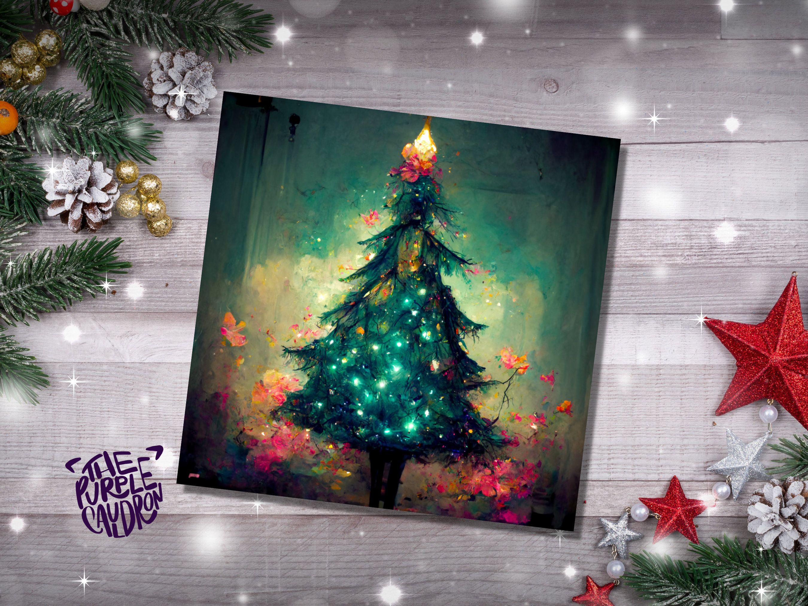 Pretty Christmas Card with Magical Tree and Fairy Lights Painting Unique Whimsical Teal Green Pink Greetings For Family Friends Xmas 2025 - View 2