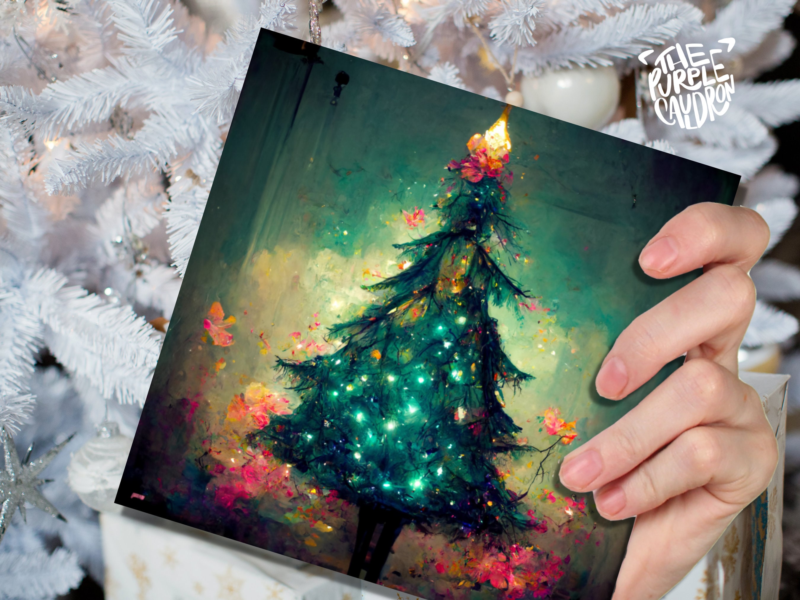 Pretty Christmas Card with Magical Tree and Fairy Lights Painting Unique Whimsical Teal Green Pink Greetings For Family Friends Xmas 2025 - View 8