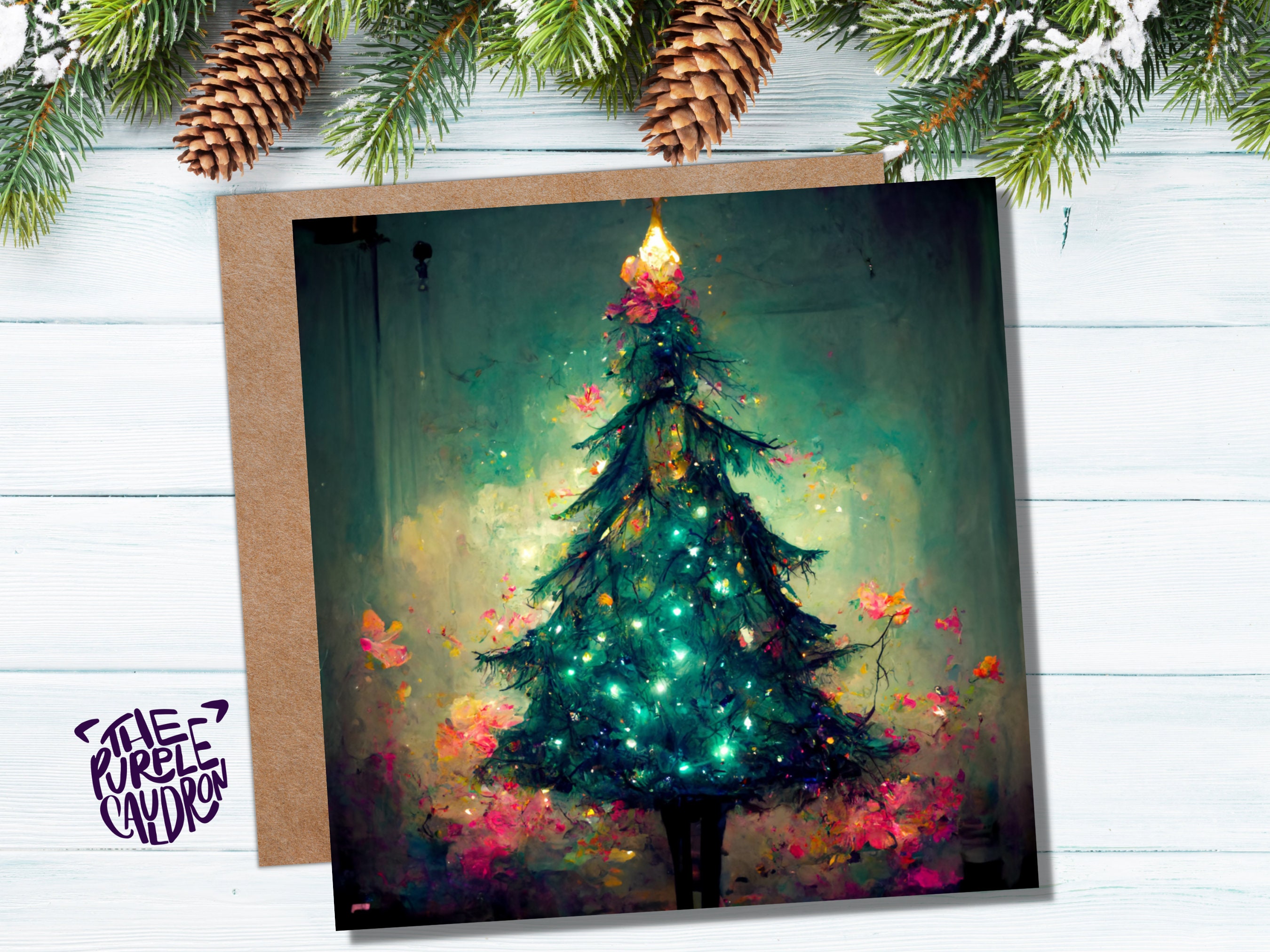 Pretty Christmas Card with Magical Tree and Fairy Lights Painting Unique Whimsical Teal Green Pink Greetings For Family Friends Xmas 2025