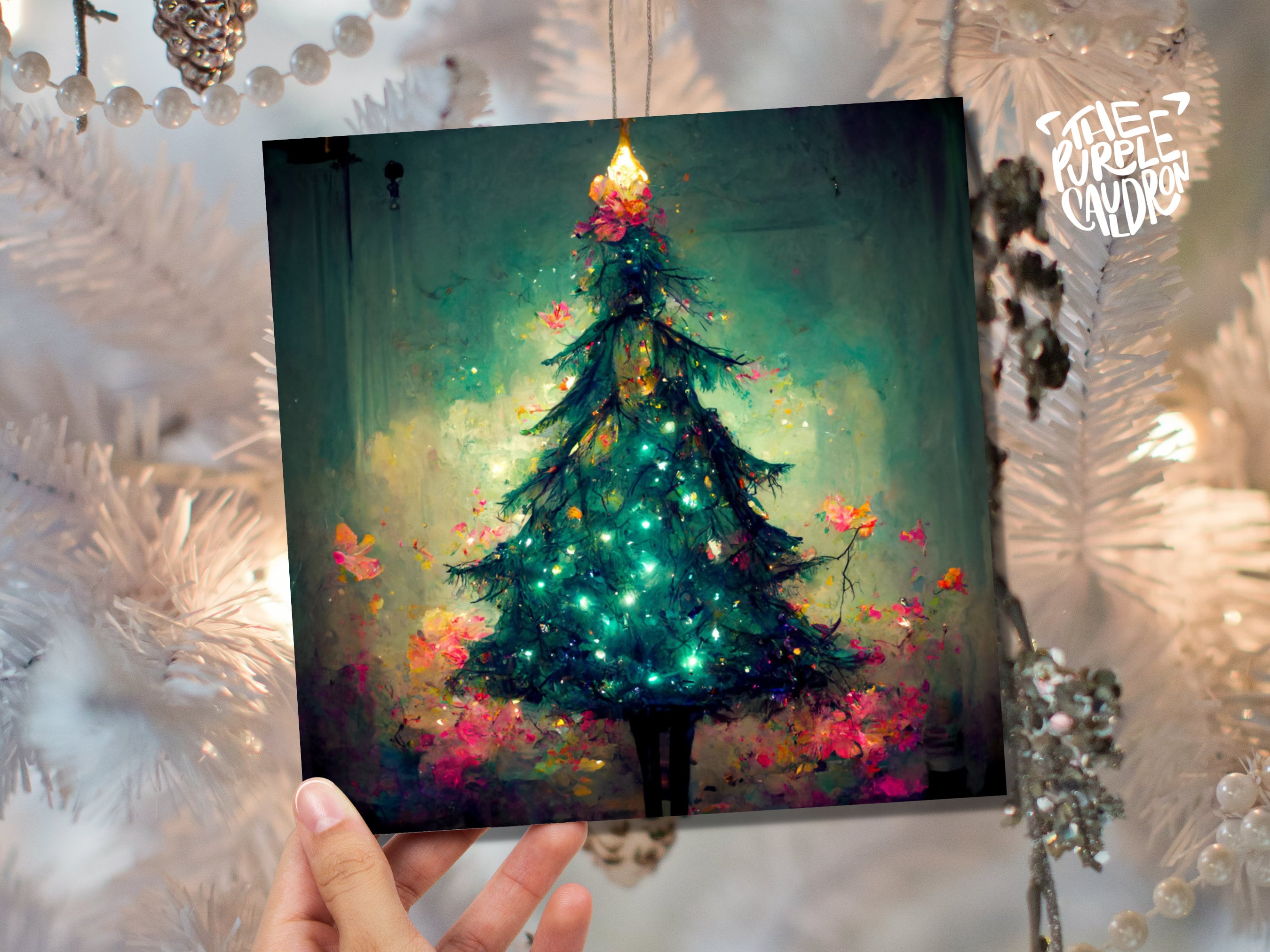 Pretty Christmas Card with Magical Tree and Fairy Lights Painting Unique Whimsical Teal Green Pink Greetings For Family Friends Xmas 2025 - View 7