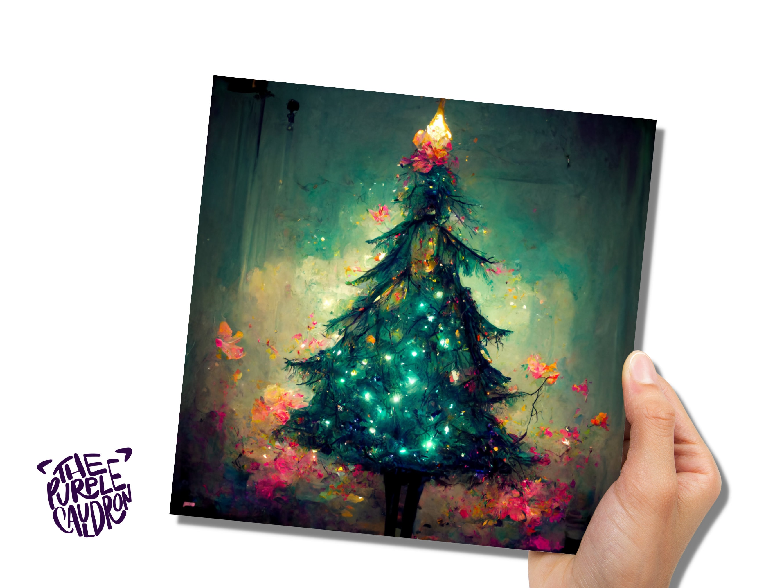 Pretty Christmas Card with Magical Tree and Fairy Lights Painting Unique Whimsical Teal Green Pink Greetings For Family Friends Xmas 2025 - View 5