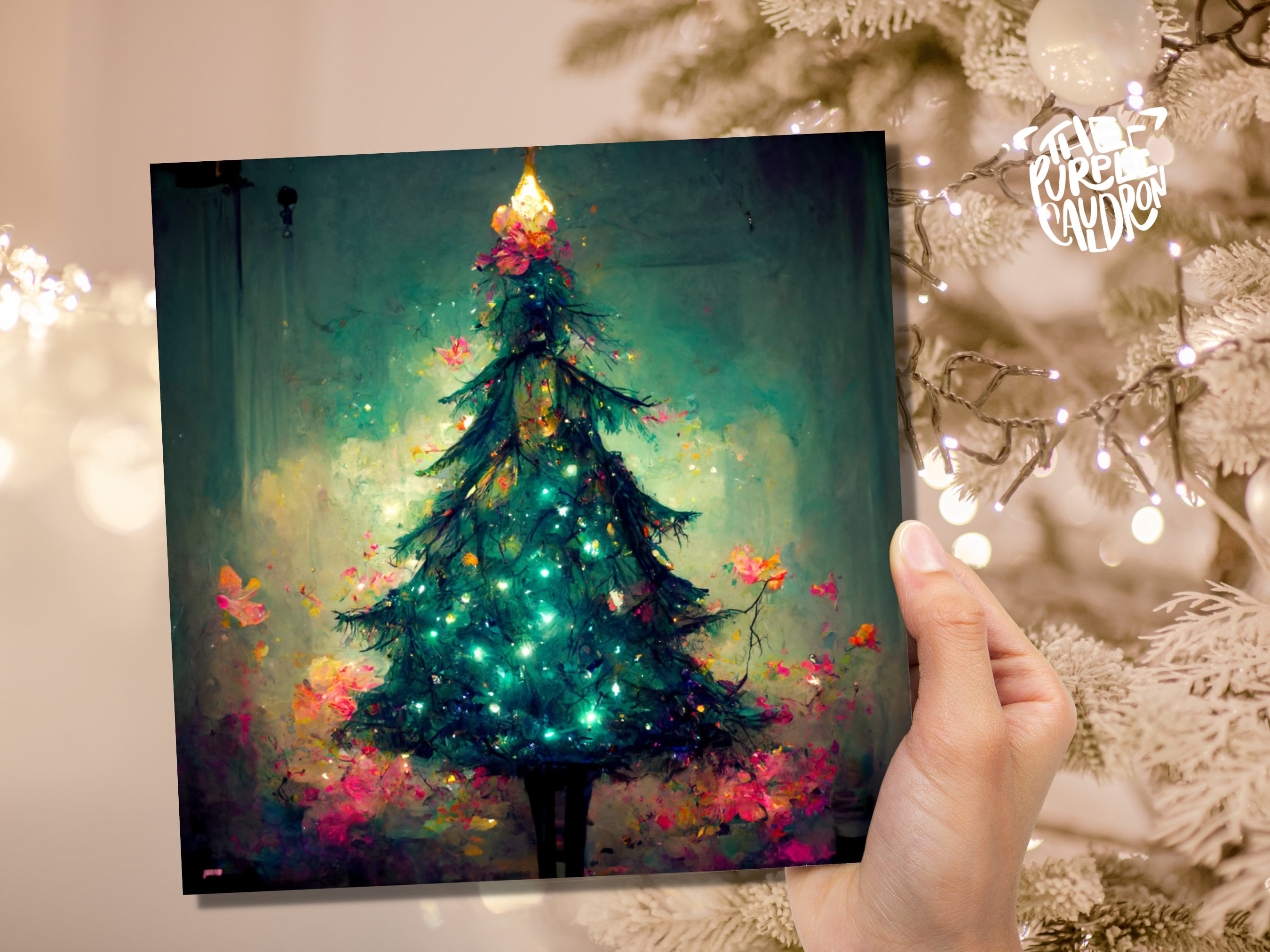 Pretty Christmas Card with Magical Tree and Fairy Lights Painting Unique Whimsical Teal Green Pink Greetings For Family Friends Xmas 2025 - View 6