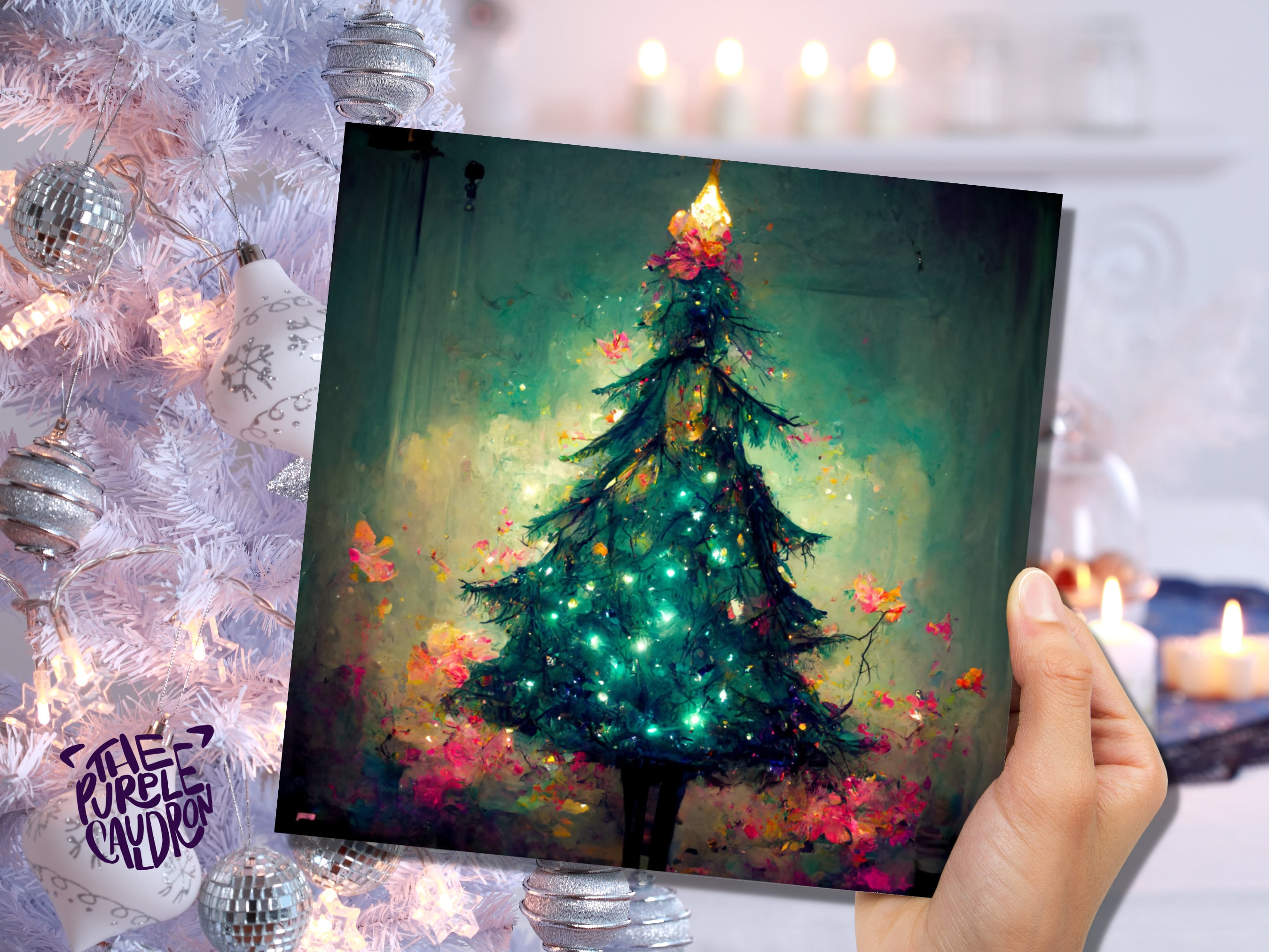 Pretty Christmas Card with Magical Tree and Fairy Lights Painting Unique Whimsical Teal Green Pink Greetings For Family Friends Xmas 2025 - View 3