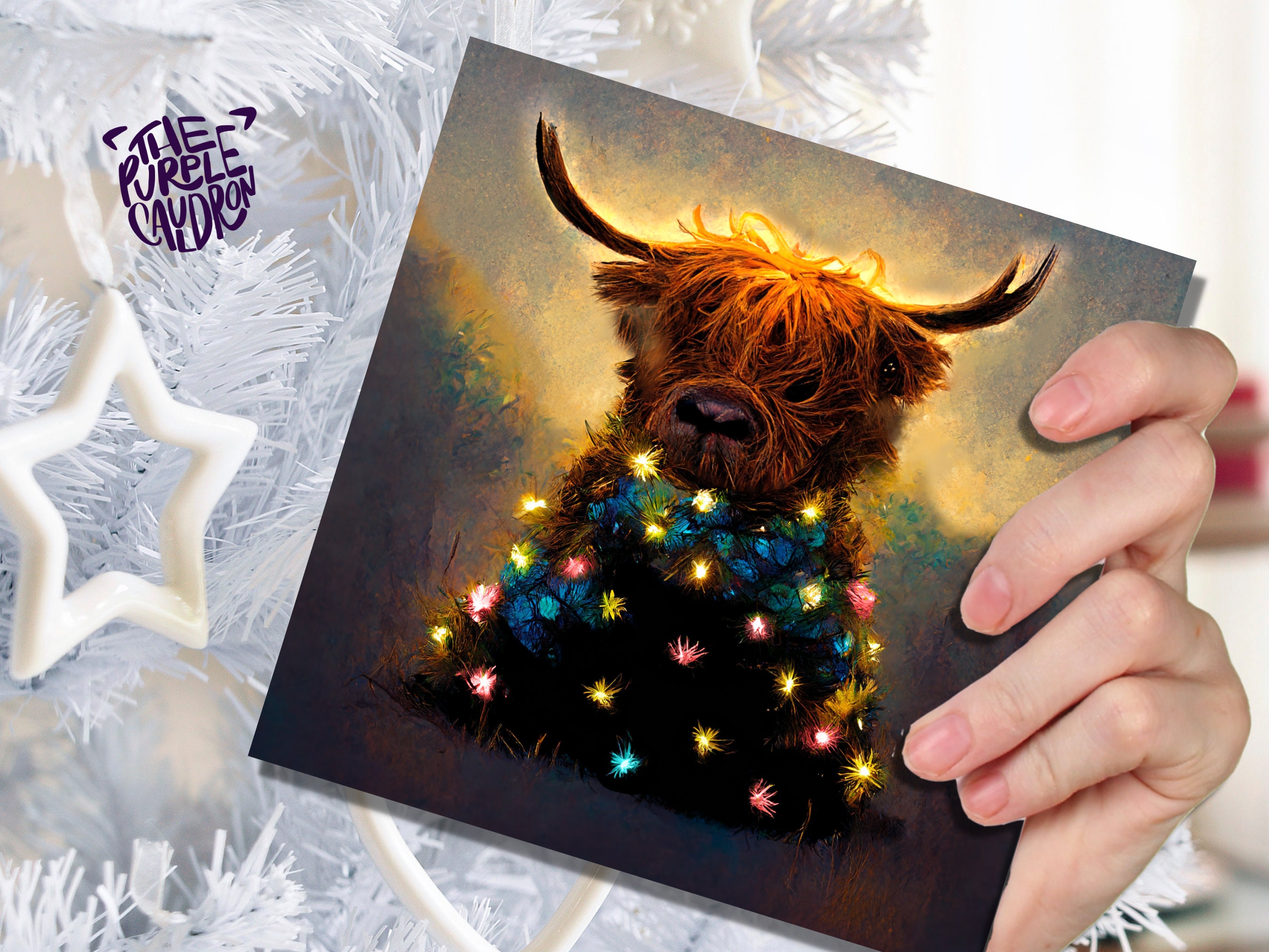 Highland Cow Christmas Card with Fairy Lights Funny Decorated Tree Scotland Painting Unique Whimsical Greetings For Family Friends Xmas 2025 - View 2