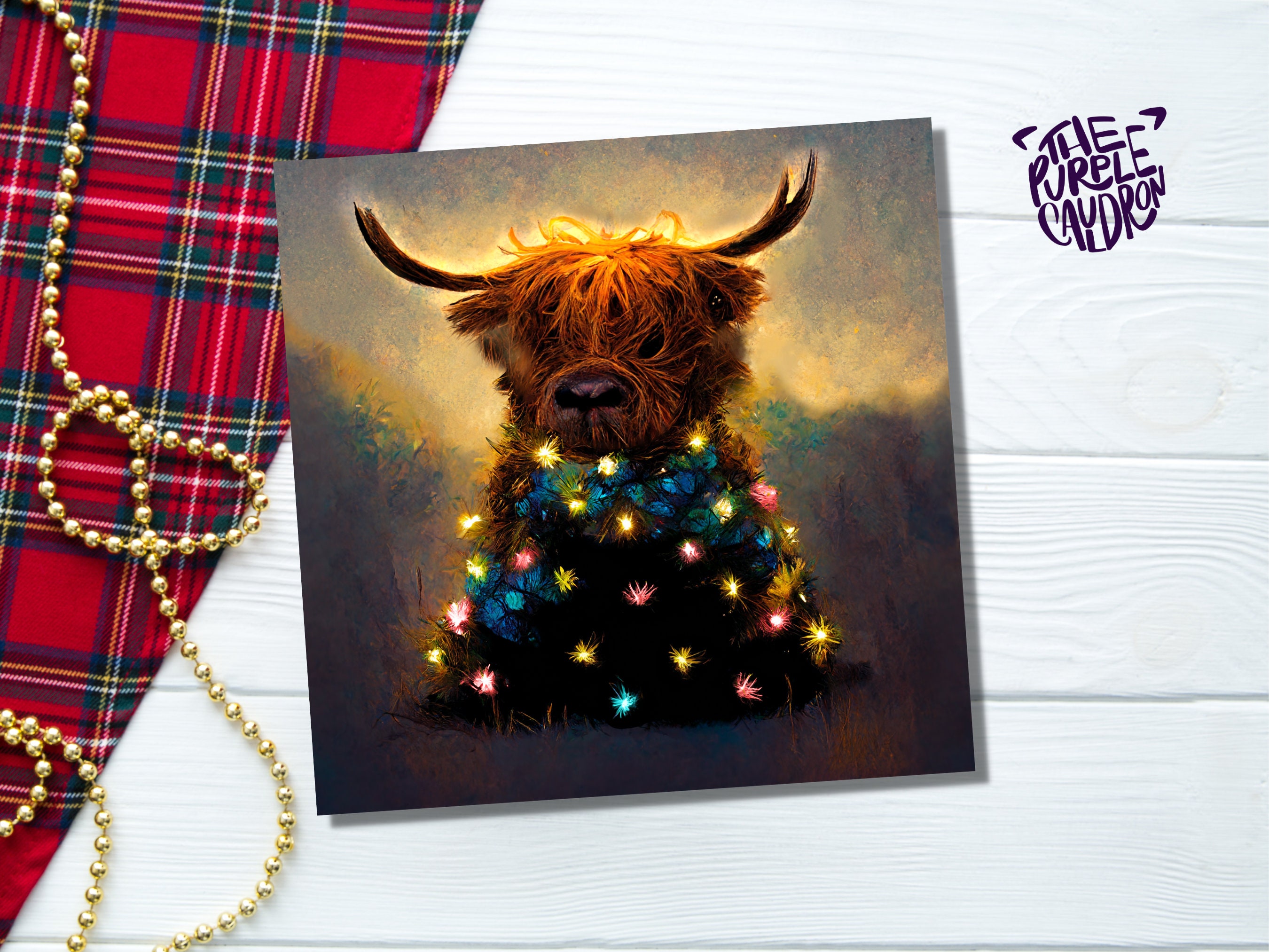 Highland Cow Christmas Card with Fairy Lights Funny Decorated Tree Scotland Painting Unique Whimsical Greetings For Family Friends Xmas 2025