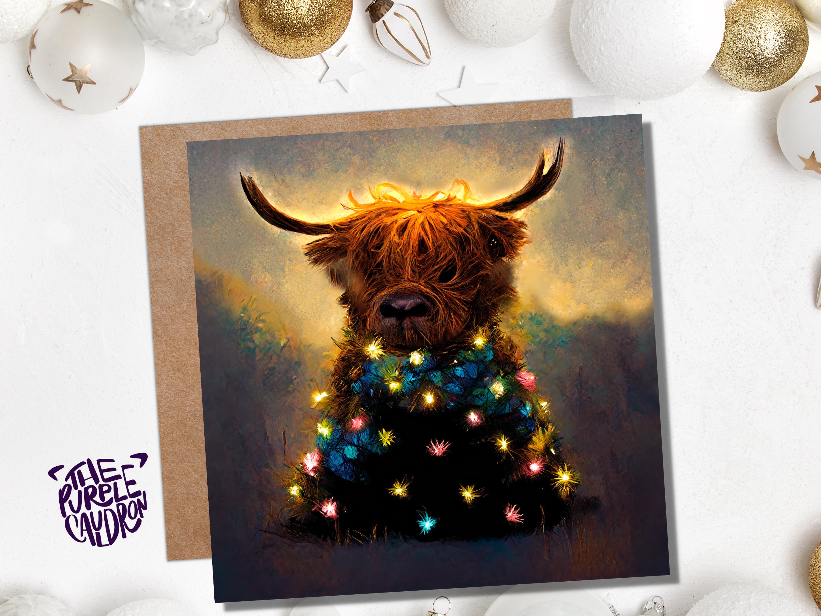 Highland Cow Christmas Card with Fairy Lights Funny Decorated Tree Scotland Painting Unique Whimsical Greetings For Family Friends Xmas 2025 - View 5