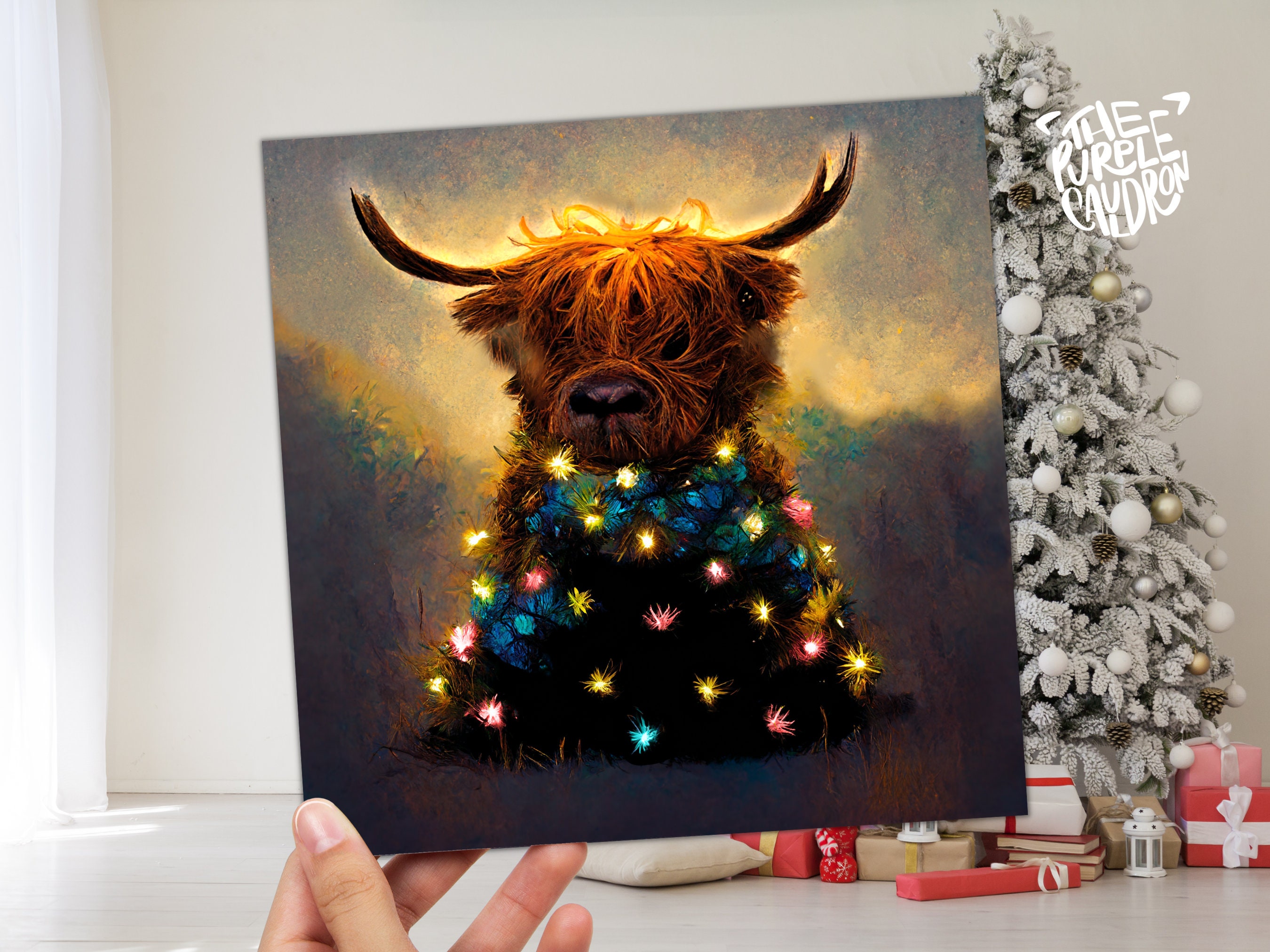 Highland Cow Christmas Card with Fairy Lights Funny Decorated Tree Scotland Painting Unique Whimsical Greetings For Family Friends Xmas 2025 - View 7