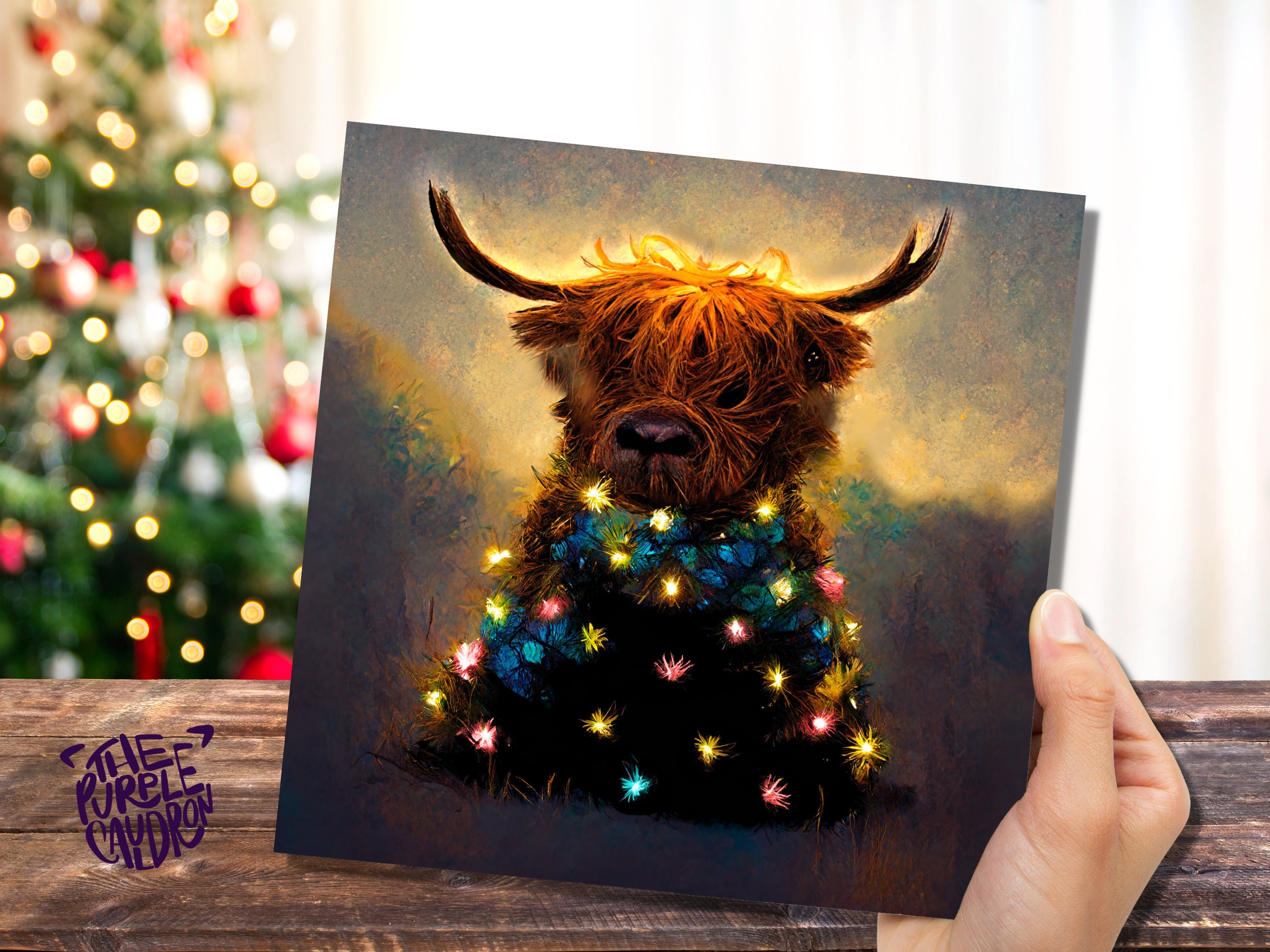 Highland Cow Christmas Card with Fairy Lights Funny Decorated Tree Scotland Painting Unique Whimsical Greetings For Family Friends Xmas 2025 - View 4