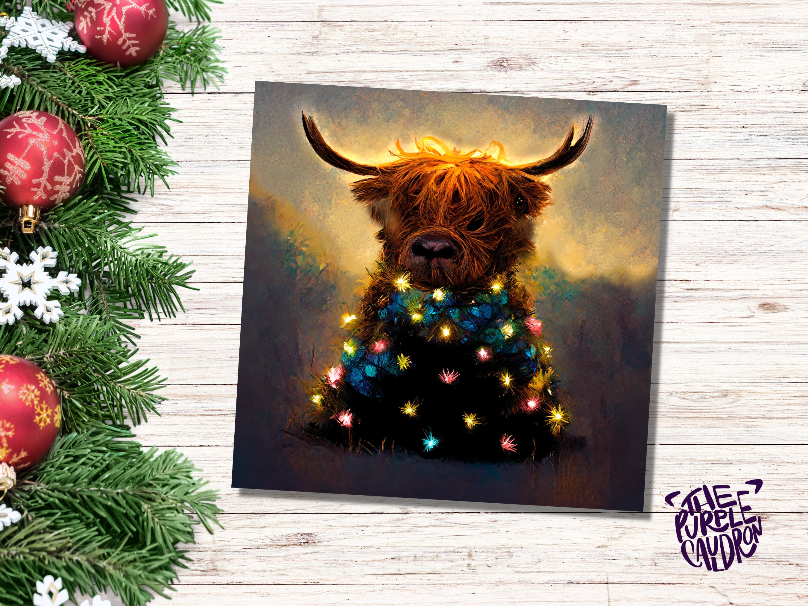 Highland Cow Christmas Card with Fairy Lights Funny Decorated Tree Scotland Painting Unique Whimsical Greetings For Family Friends Xmas 2025 - View 6