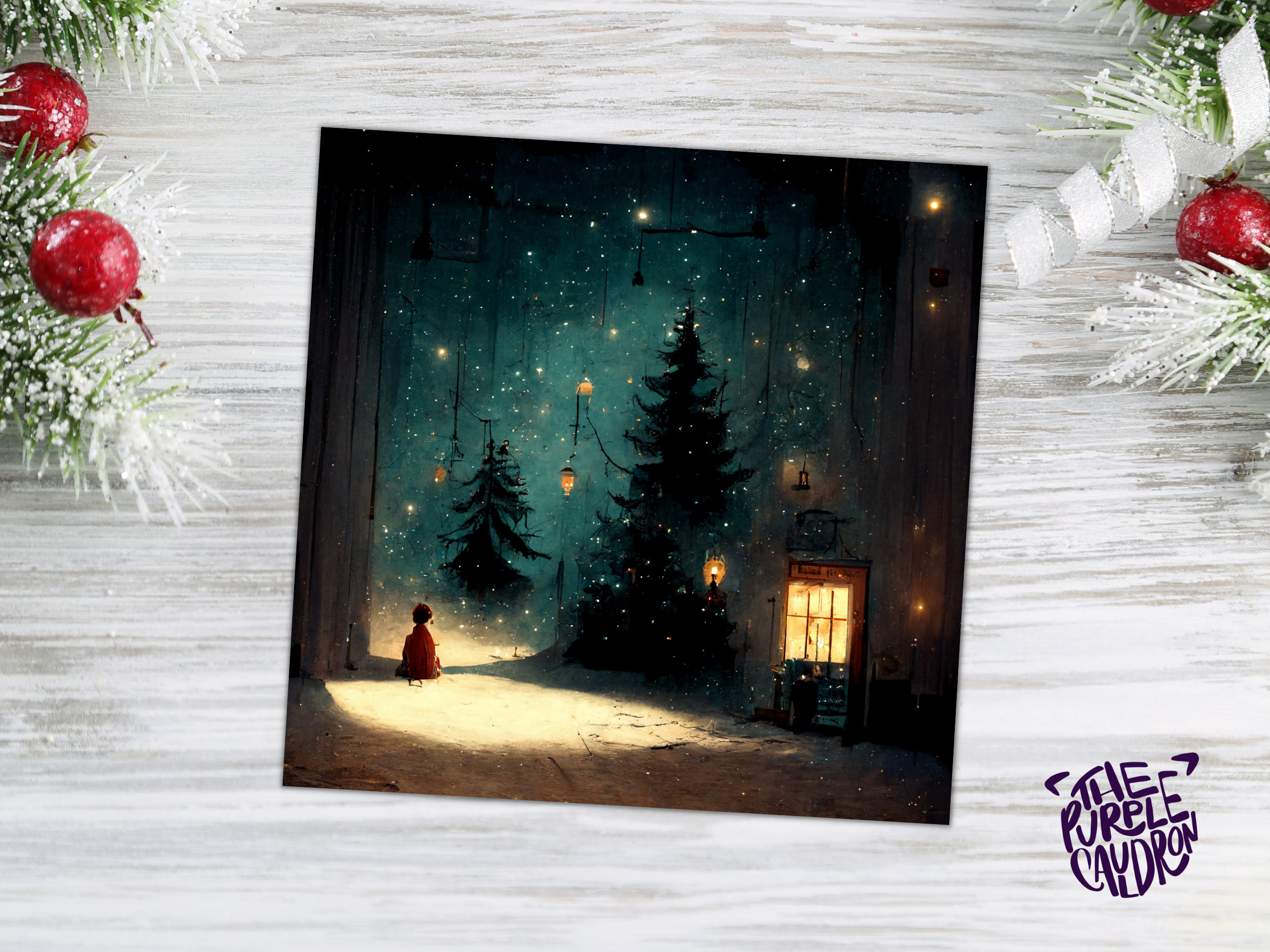 Snowy Winter Night Christmas Card with Warm Lights Snow Teal Blue Green Painting Unique Whimsical Greetings For Family Friends Xmas 2025 - View 6