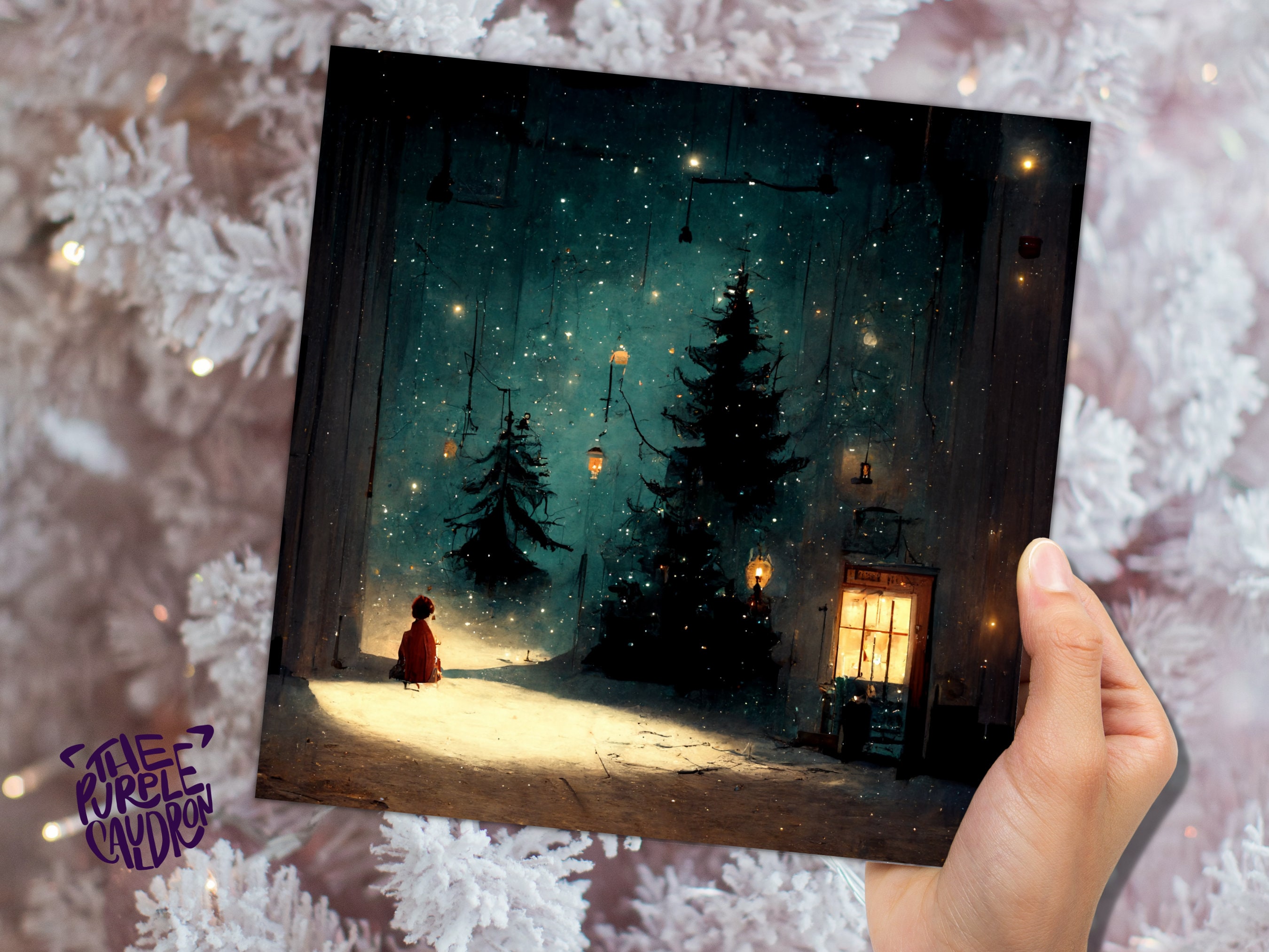 Snowy Winter Night Christmas Card with Warm Lights Snow Teal Blue Green Painting Unique Whimsical Greetings For Family Friends Xmas 2025 - View 7