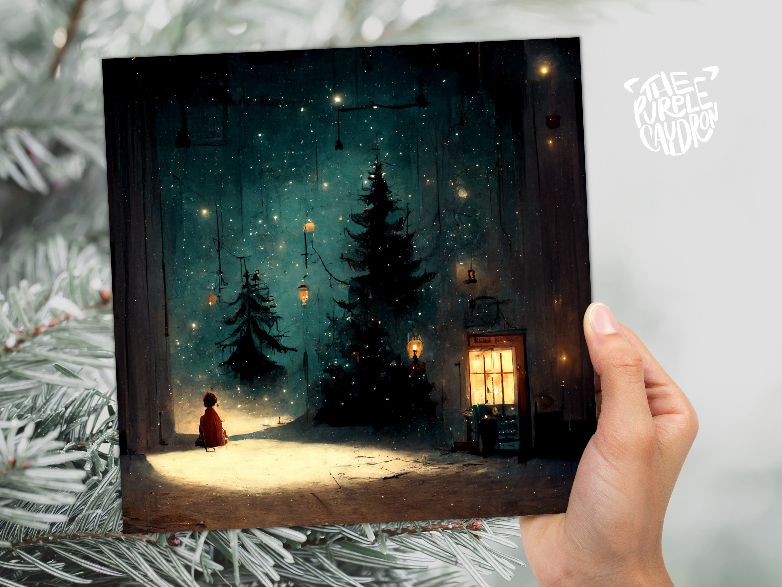 Snowy Winter Night Christmas Card with Warm Lights Snow Teal Blue Green Painting Unique Whimsical Greetings For Family Friends Xmas 2025 - View 2