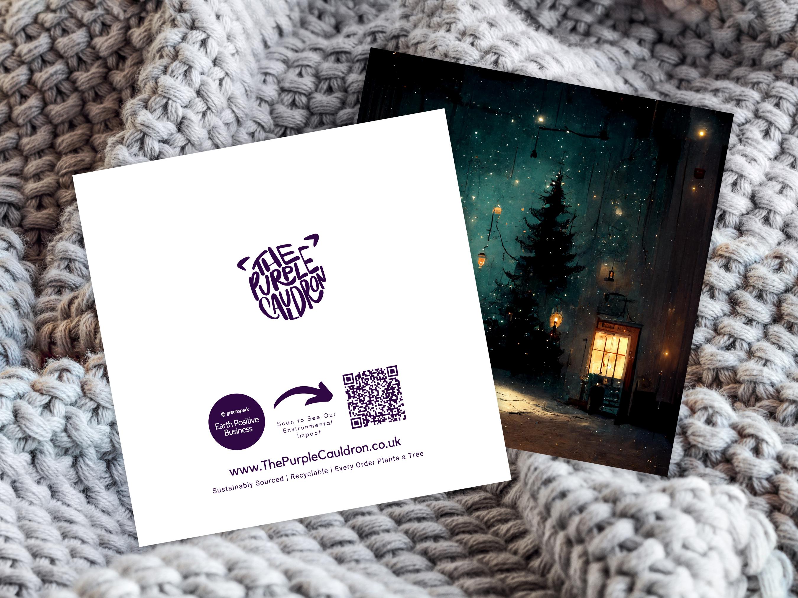 Snowy Winter Night Christmas Card with Warm Lights Snow Teal Blue Green Painting Unique Whimsical Greetings For Family Friends Xmas 2025 - View 8