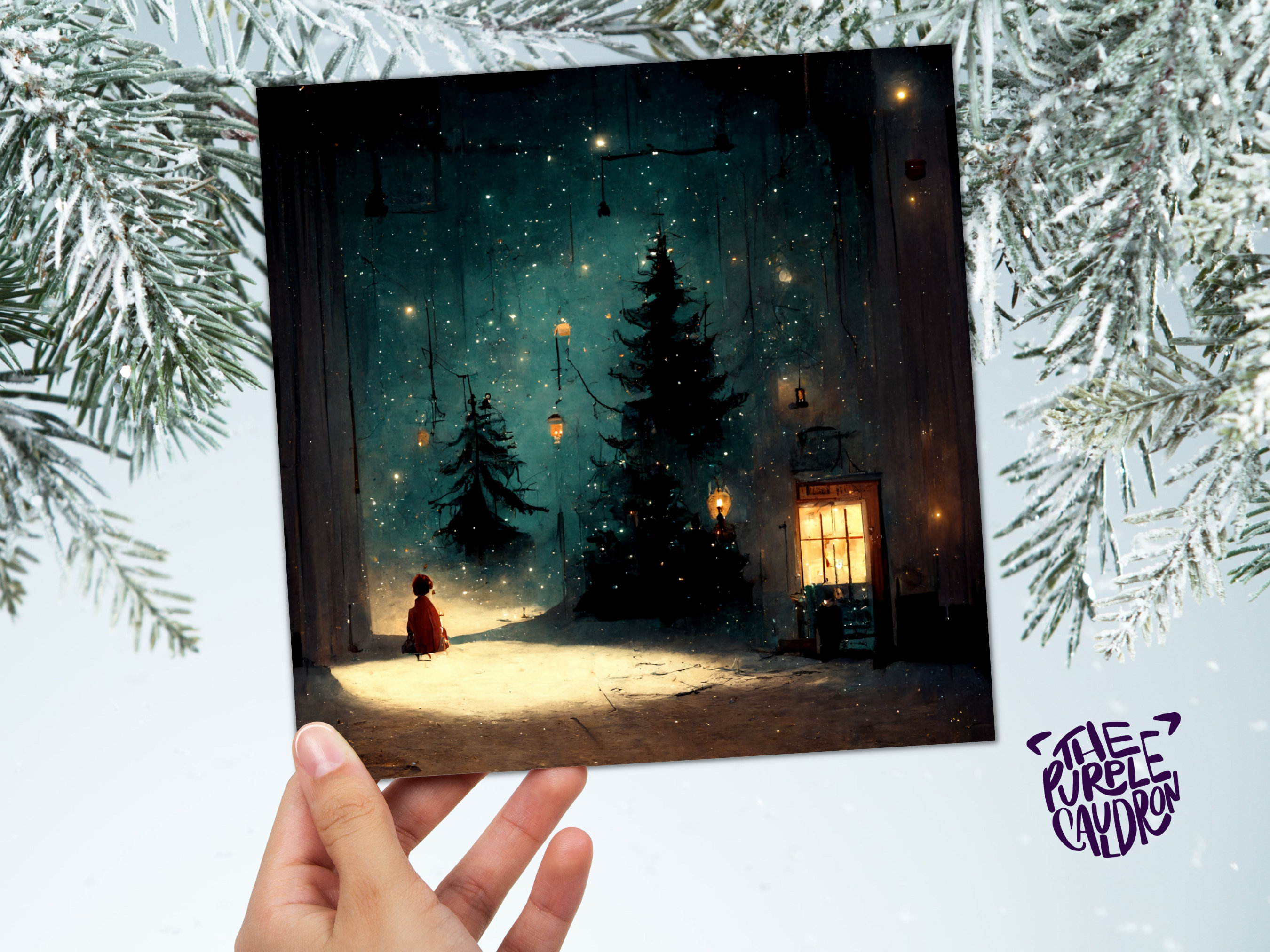 Snowy Winter Night Christmas Card with Warm Lights Snow Teal Blue Green Painting Unique Whimsical Greetings For Family Friends Xmas 2025 - View 5