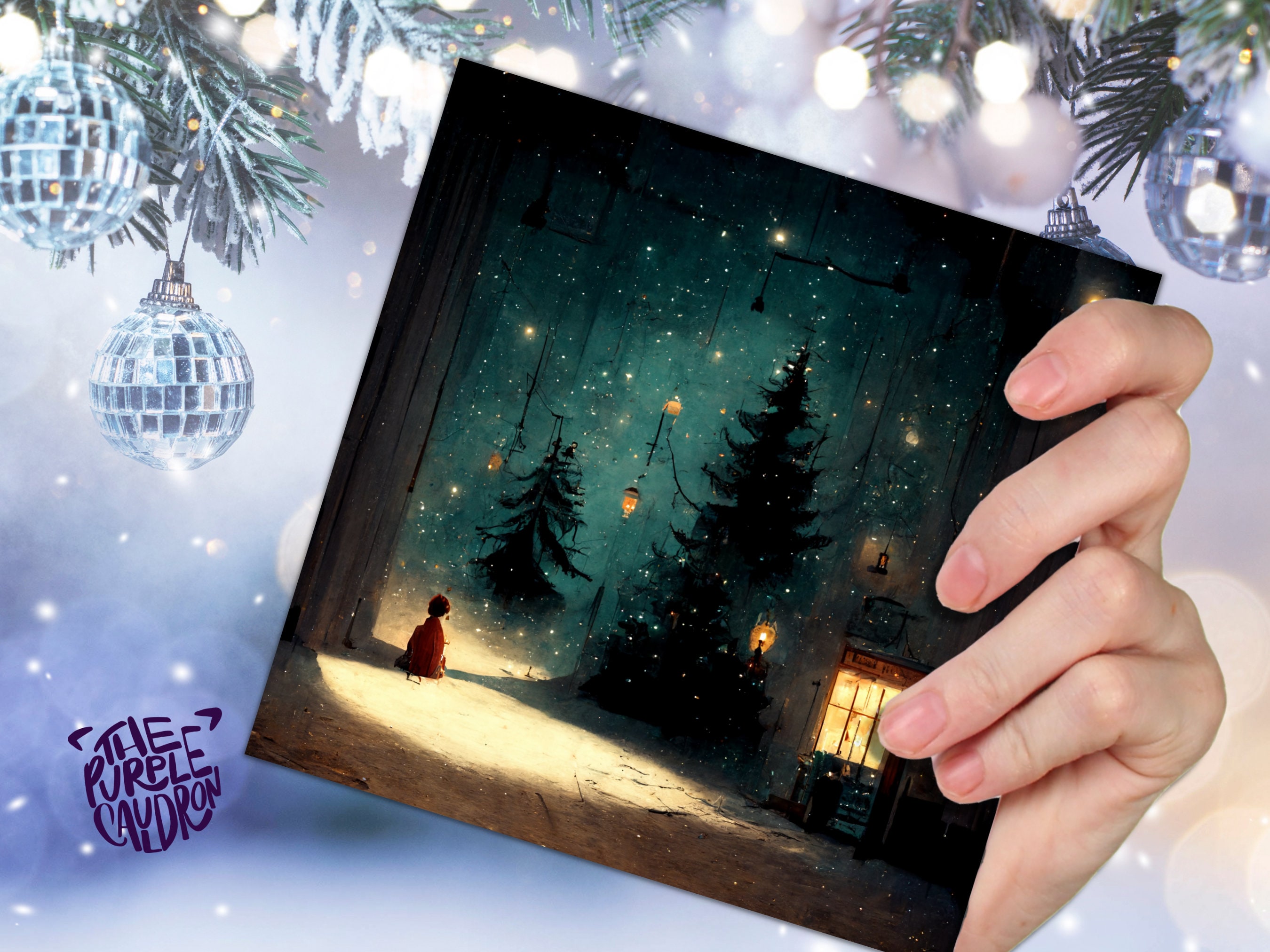 Snowy Winter Night Christmas Card with Warm Lights Snow Teal Blue Green Painting Unique Whimsical Greetings For Family Friends Xmas 2025 - View 4