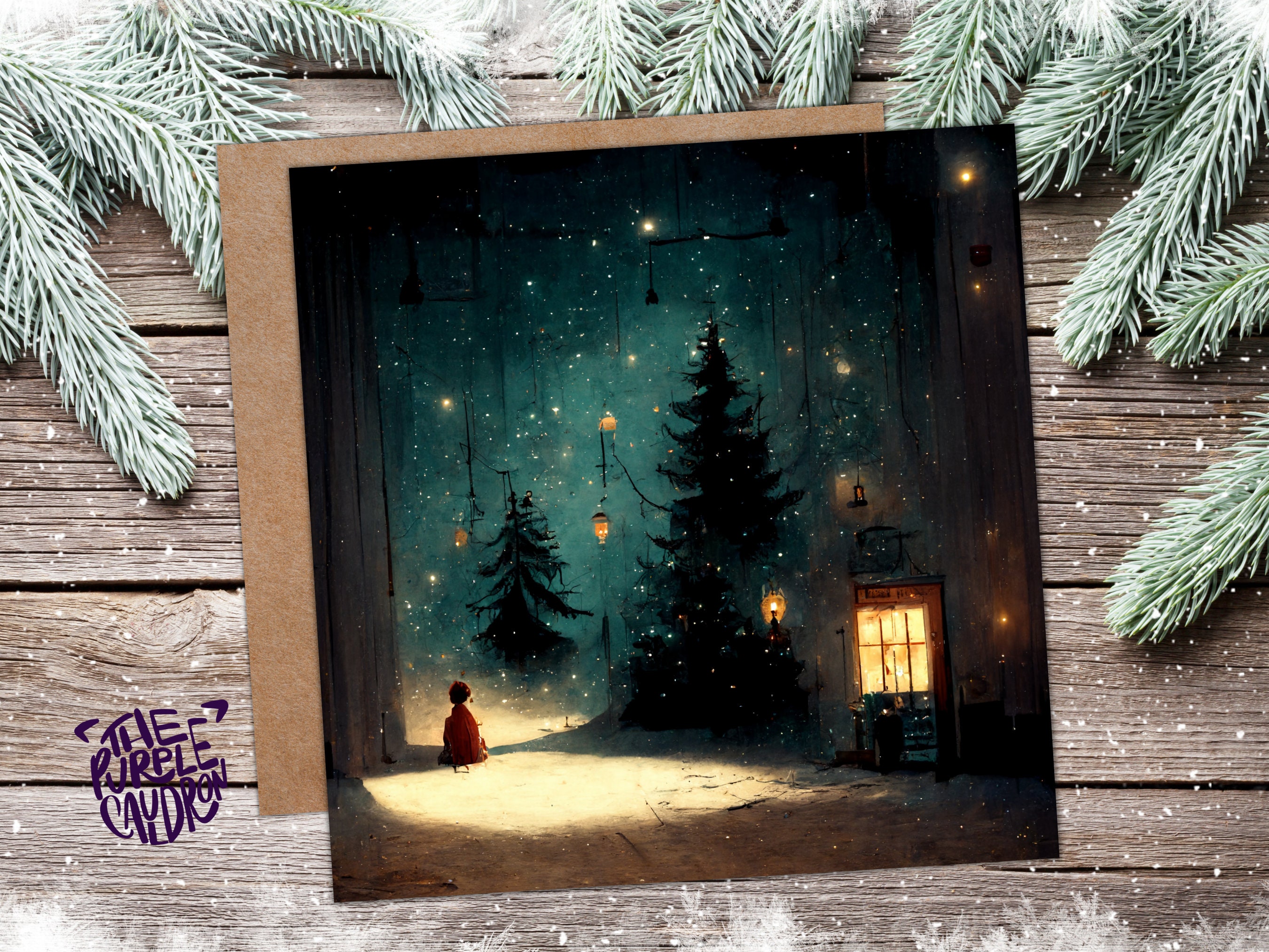 Snowy Winter Night Christmas Card with Warm Lights Snow Teal Blue Green Painting Unique Whimsical Greetings For Family Friends Xmas 2025