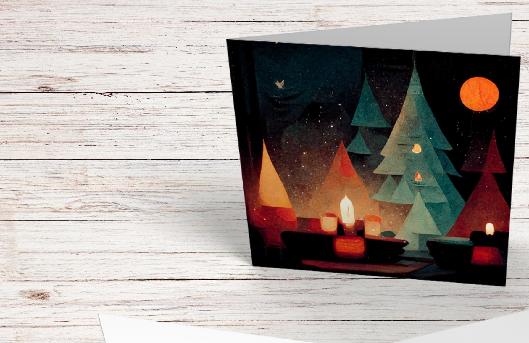 Abstract Christmas Trees Card with Warm Candle Lights Red Green Painting Unique Whimsical Forest Warm Greetings For Family Friends Xmas 2025 - View 2