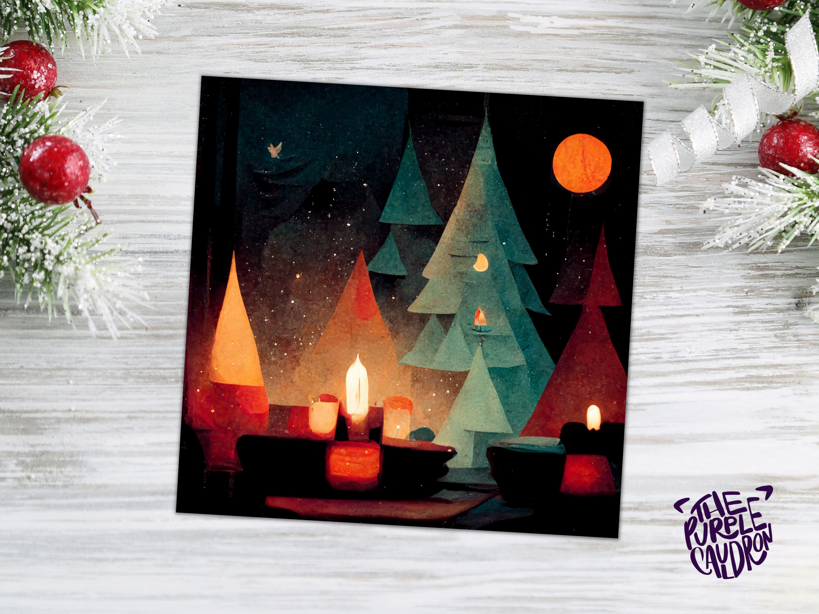 Abstract Christmas Trees Card with Warm Candle Lights Red Green Painting Unique Whimsical Forest Warm Greetings For Family Friends Xmas 2025 - View 8