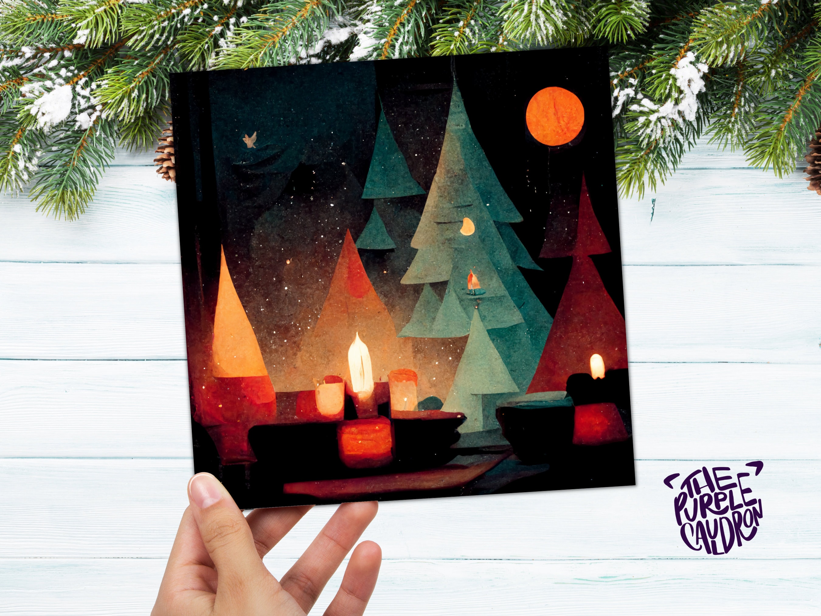 Abstract Christmas Trees Card with Warm Candle Lights Red Green Painting Unique Whimsical Forest Warm Greetings For Family Friends Xmas 2025 - View 5