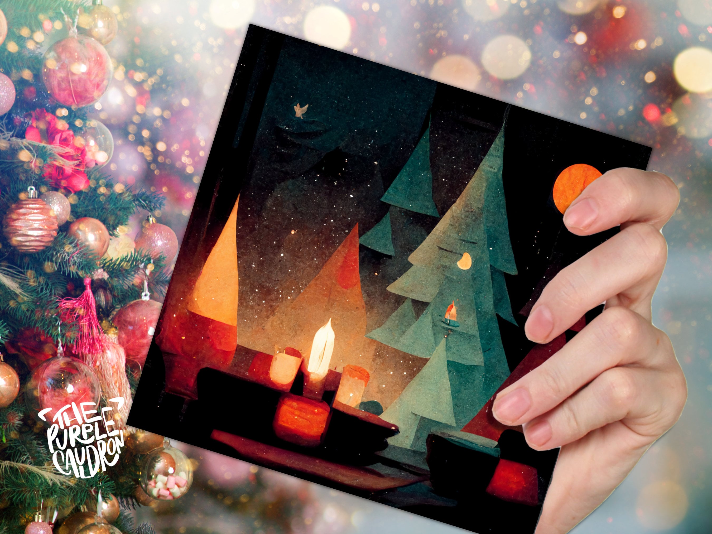 Abstract Christmas Trees Card with Warm Candle Lights Red Green Painting Unique Whimsical Forest Warm Greetings For Family Friends Xmas 2025 - View 4