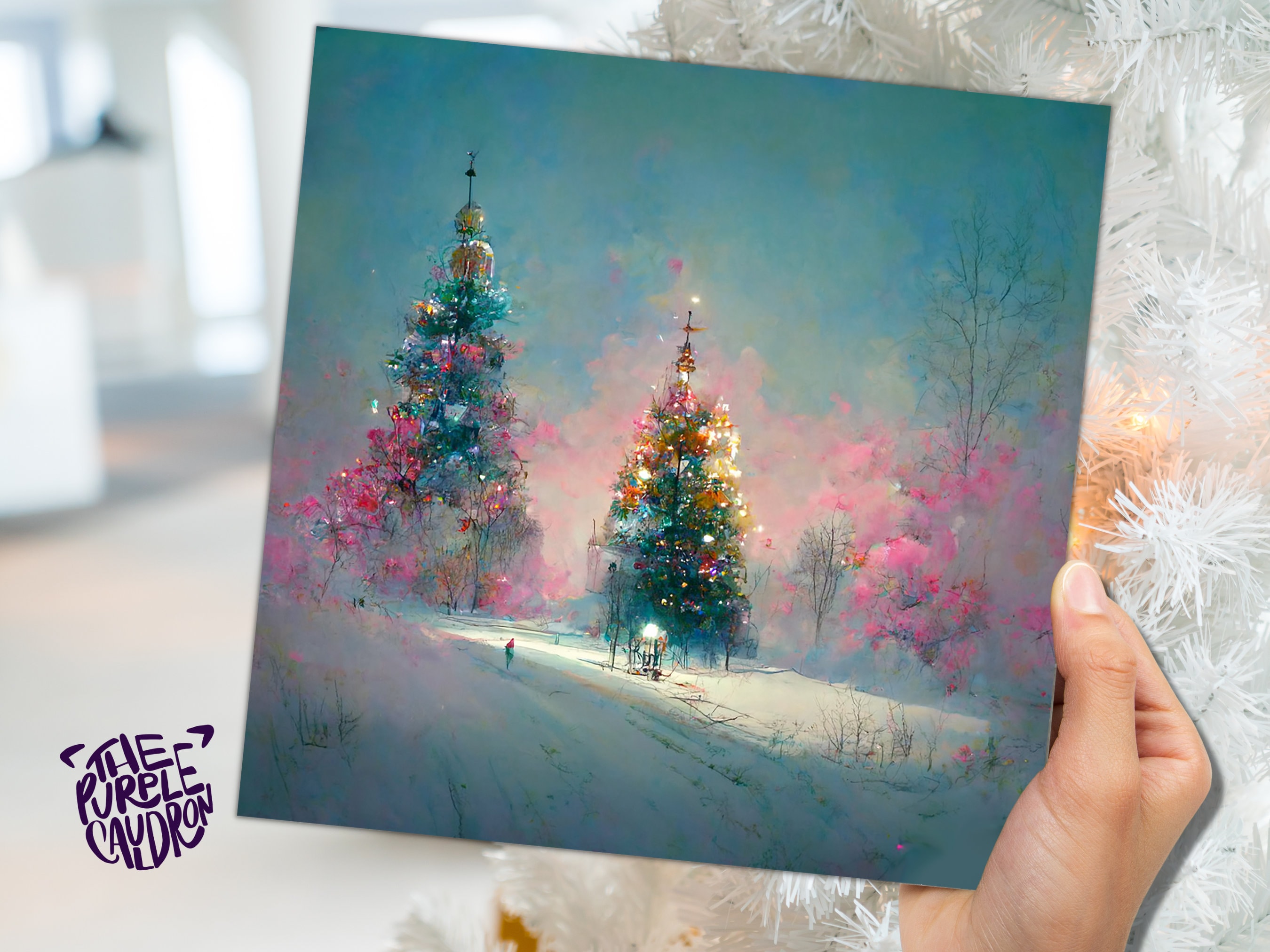 Pastel Christmas Card Pretty Snow Scene in Shades of Pink and Blue with Christmas Trees Impressionist Greetings Family Friends Xmas 2025 - View 2