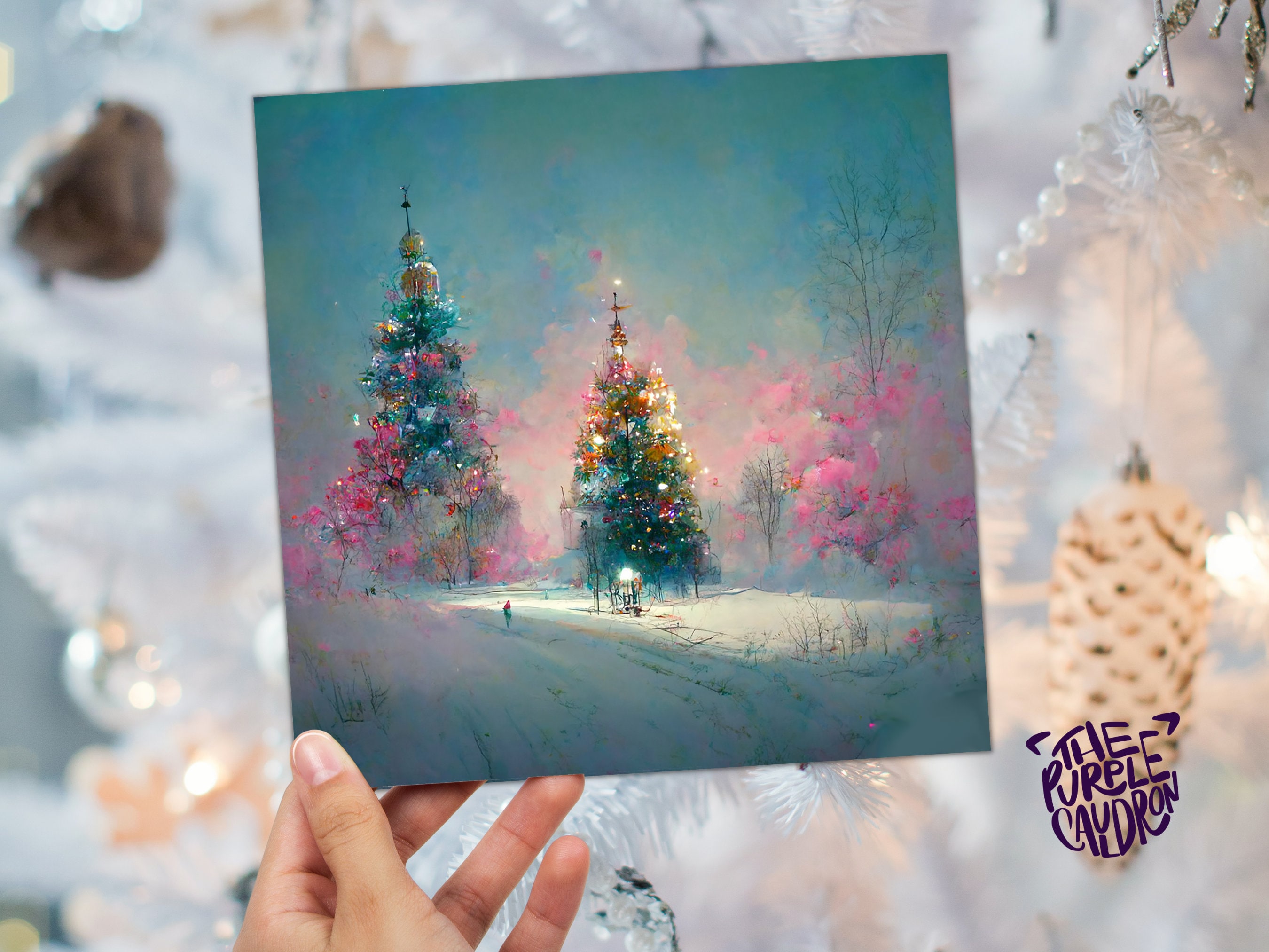 Pastel Christmas Card Pretty Snow Scene in Shades of Pink and Blue with Christmas Trees Impressionist Greetings Family Friends Xmas 2025 - View 5