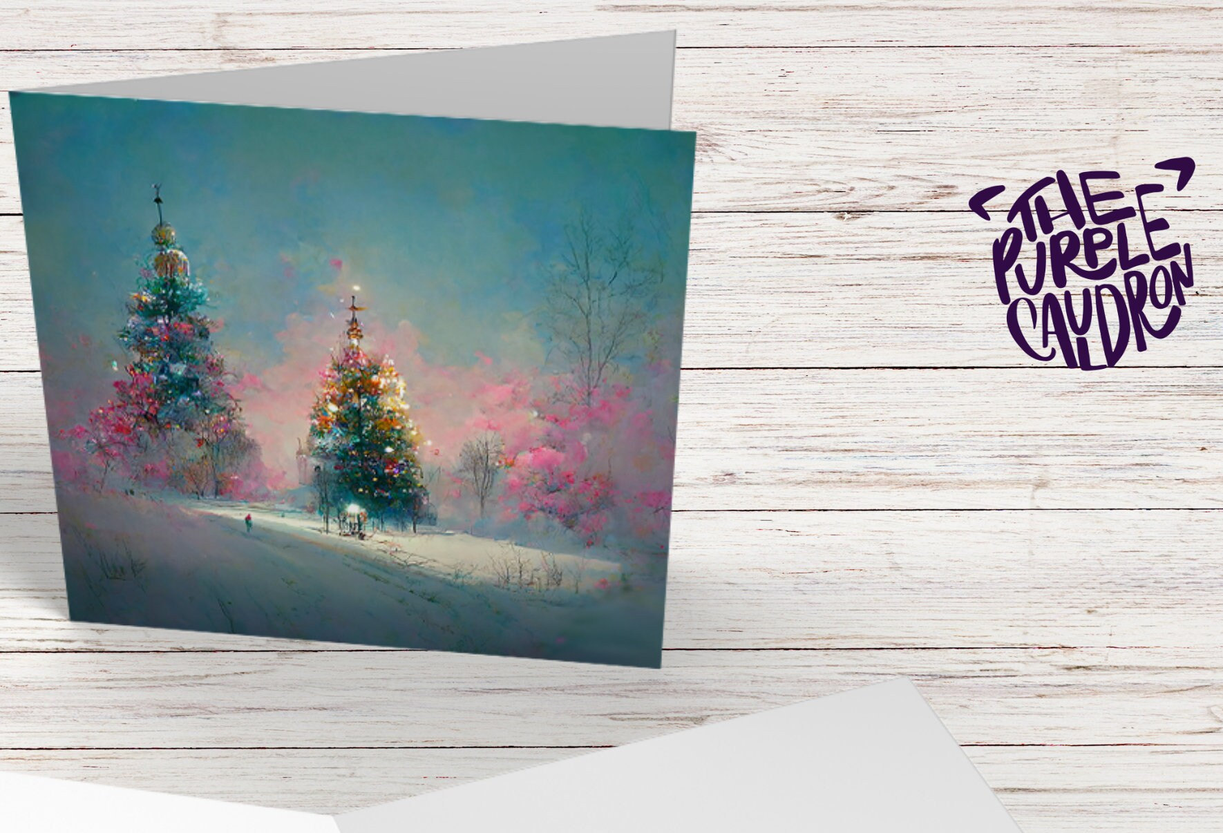 Pastel Christmas Card Pretty Snow Scene in Shades of Pink and Blue with Christmas Trees Impressionist Greetings Family Friends Xmas 2025 - View 3
