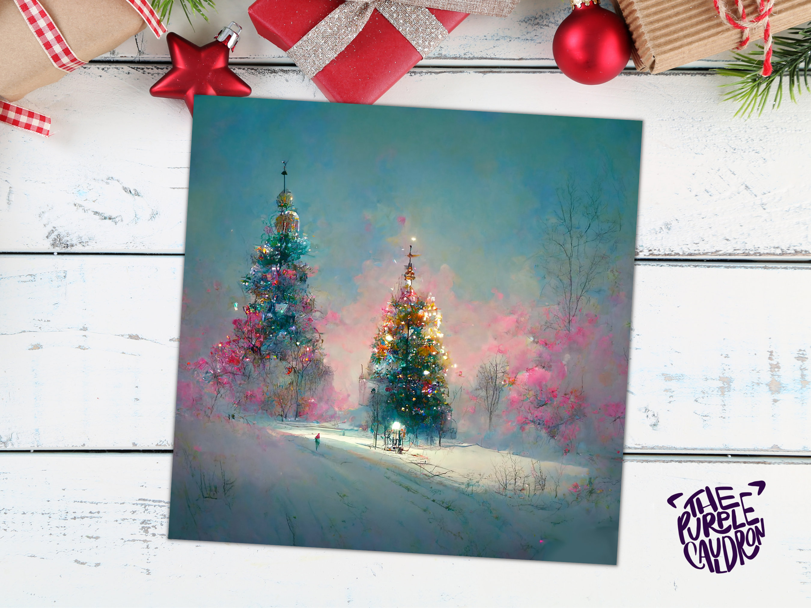 Pastel Christmas Card Pretty Snow Scene in Shades of Pink and Blue with Christmas Trees Impressionist Greetings Family Friends Xmas 2025 - View 8