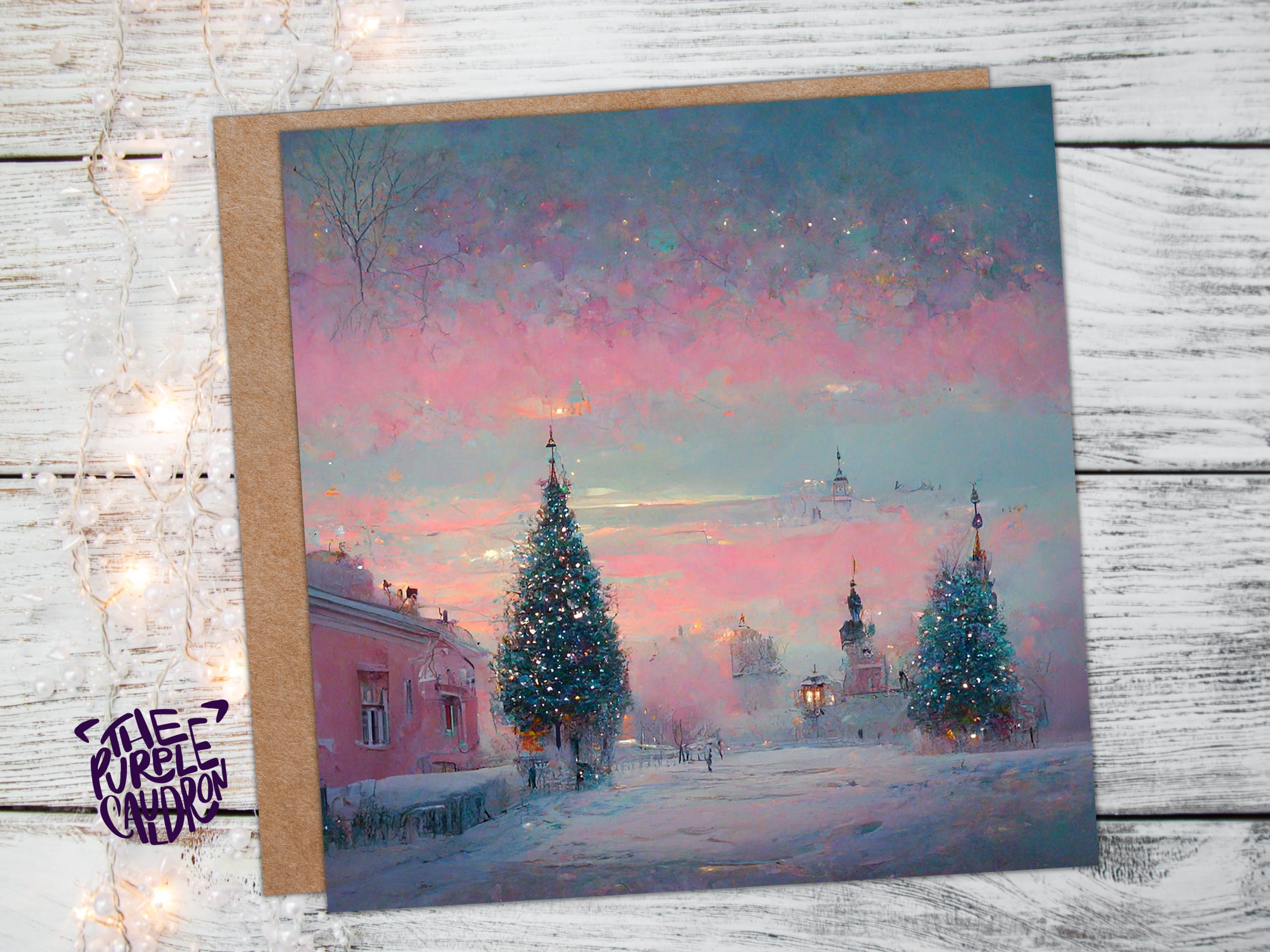 Pastel Christmas Card Soft Whimsical Impressionist Snow Scene in Shades of Pink & Blue 1, 5, or 10 Pack Greetings Family Friends Xmas 2025 - View 2