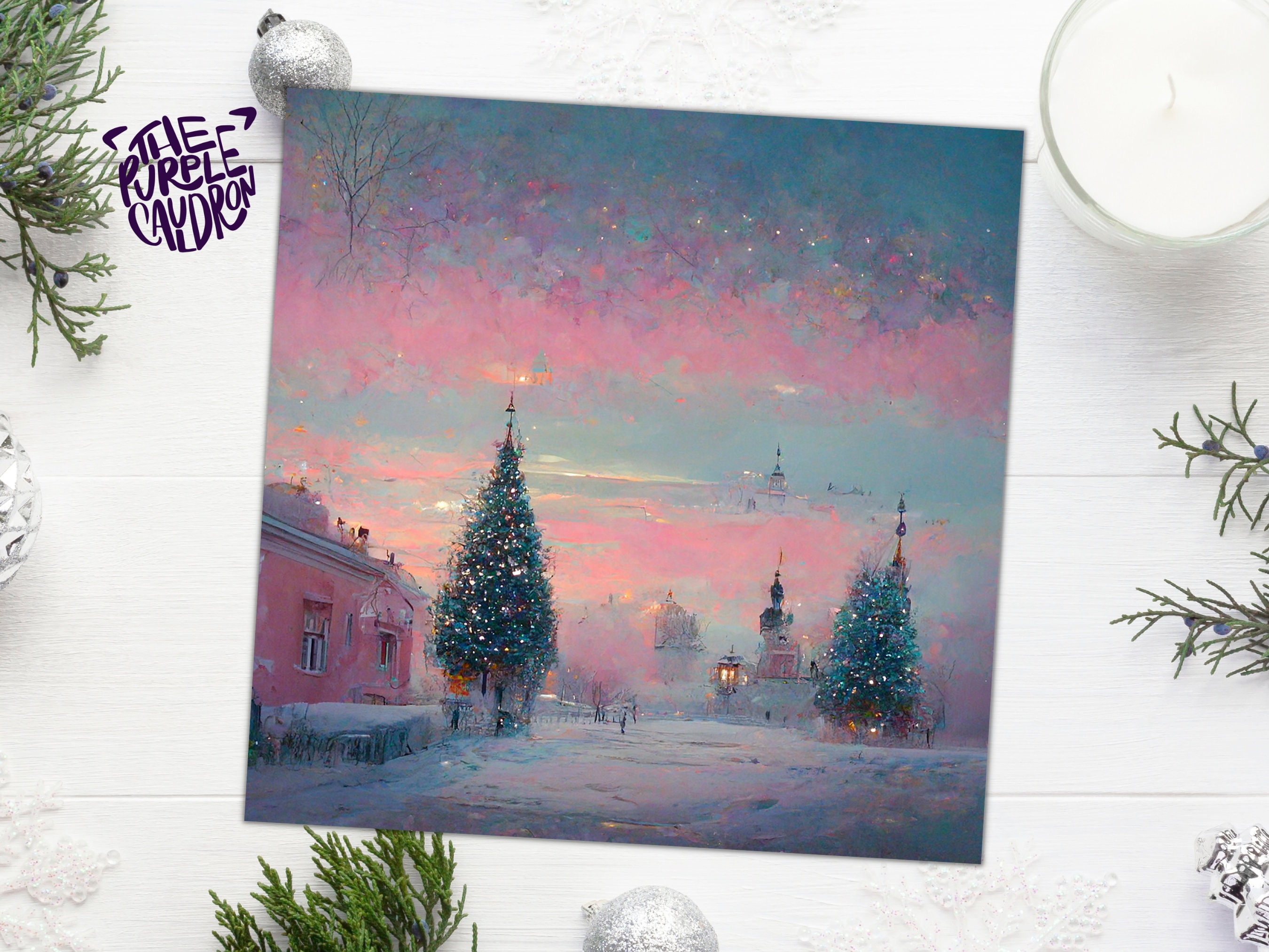 Pastel Christmas Card Soft Whimsical Impressionist Snow Scene in Shades of Pink & Blue 1, 5, or 10 Pack Greetings Family Friends Xmas 2025 - View 6