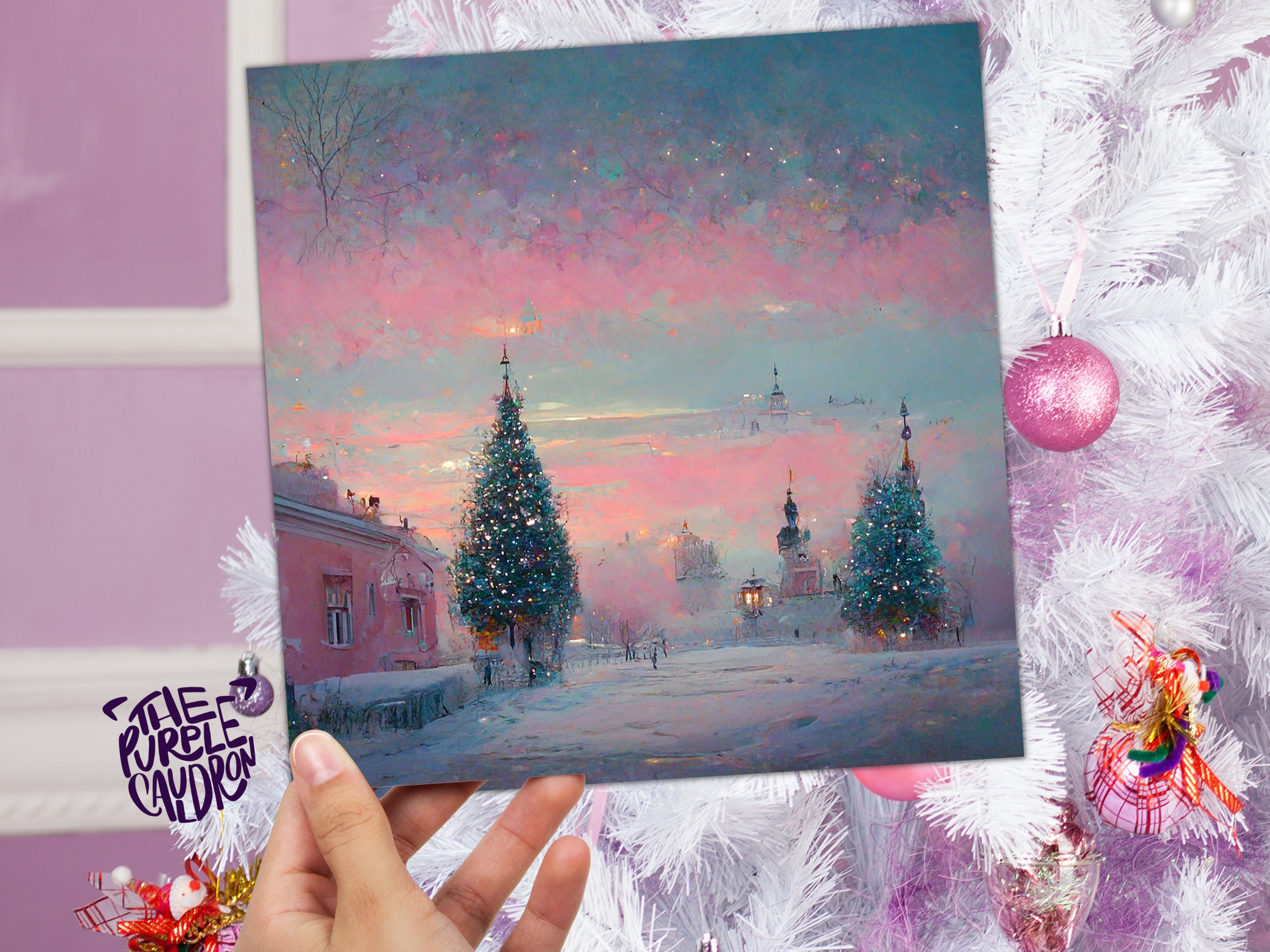 Pastel Christmas Card Soft Whimsical Impressionist Snow Scene in Shades of Pink & Blue 1, 5, or 10 Pack Greetings Family Friends Xmas 2025 - View 8
