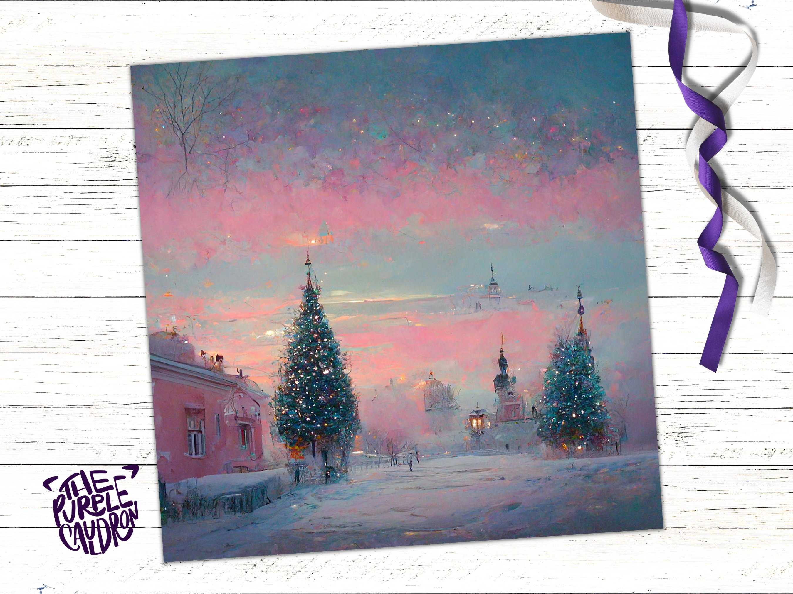 Pastel Christmas Card Soft Whimsical Impressionist Snow Scene in Shades of Pink & Blue 1, 5, or 10 Pack Greetings Family Friends Xmas 2025 - View 5