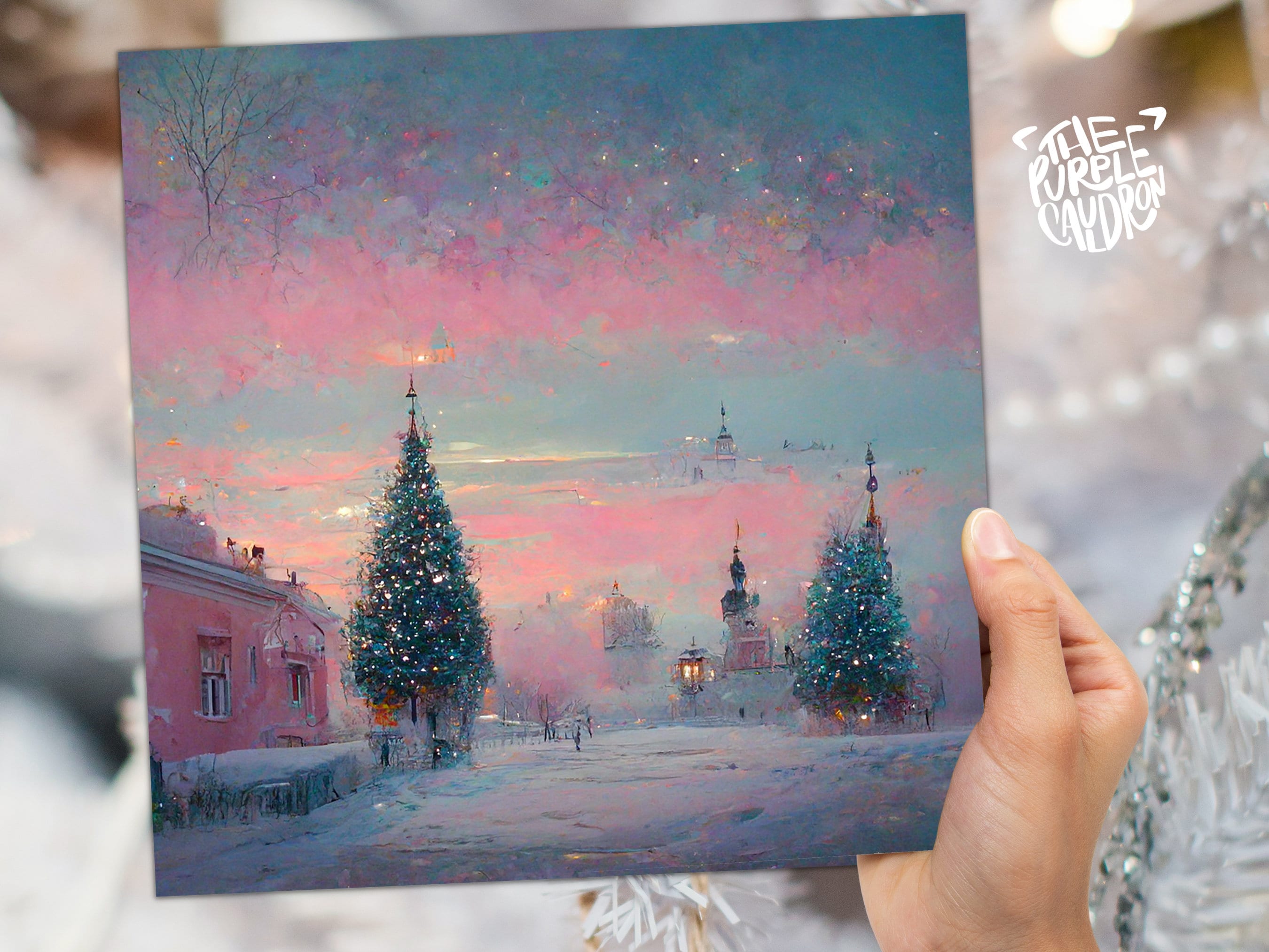 Pastel Christmas Card Soft Whimsical Impressionist Snow Scene in Shades of Pink & Blue 1, 5, or 10 Pack Greetings Family Friends Xmas 2025 - View 7
