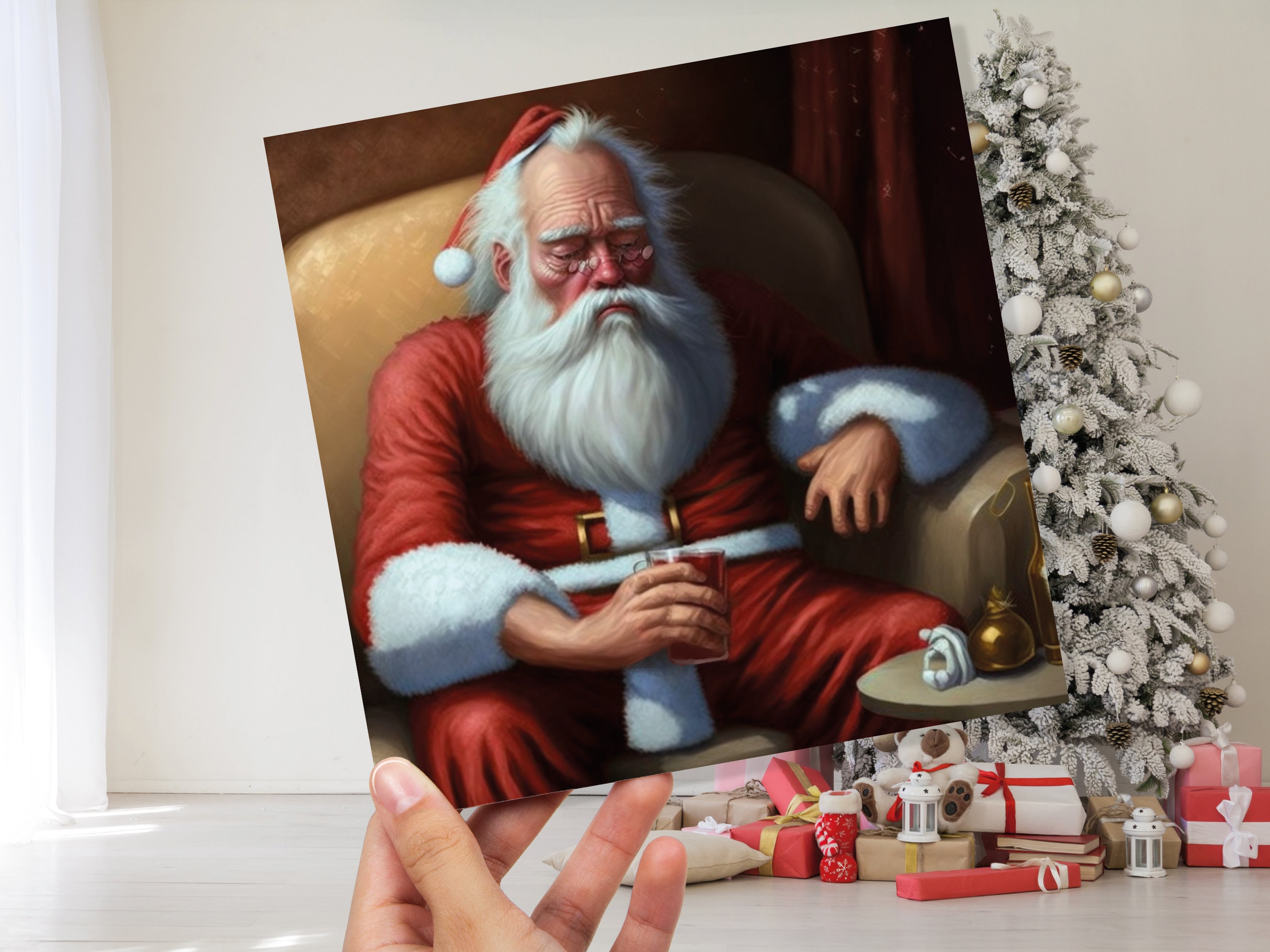 Drunk Santa Christmas Card Funny Father Xmas Drinking Beer Silly Gag Joke Passed Out Rough Day Meme Greetings Cards Family Friends Xmas 2025 - View 4