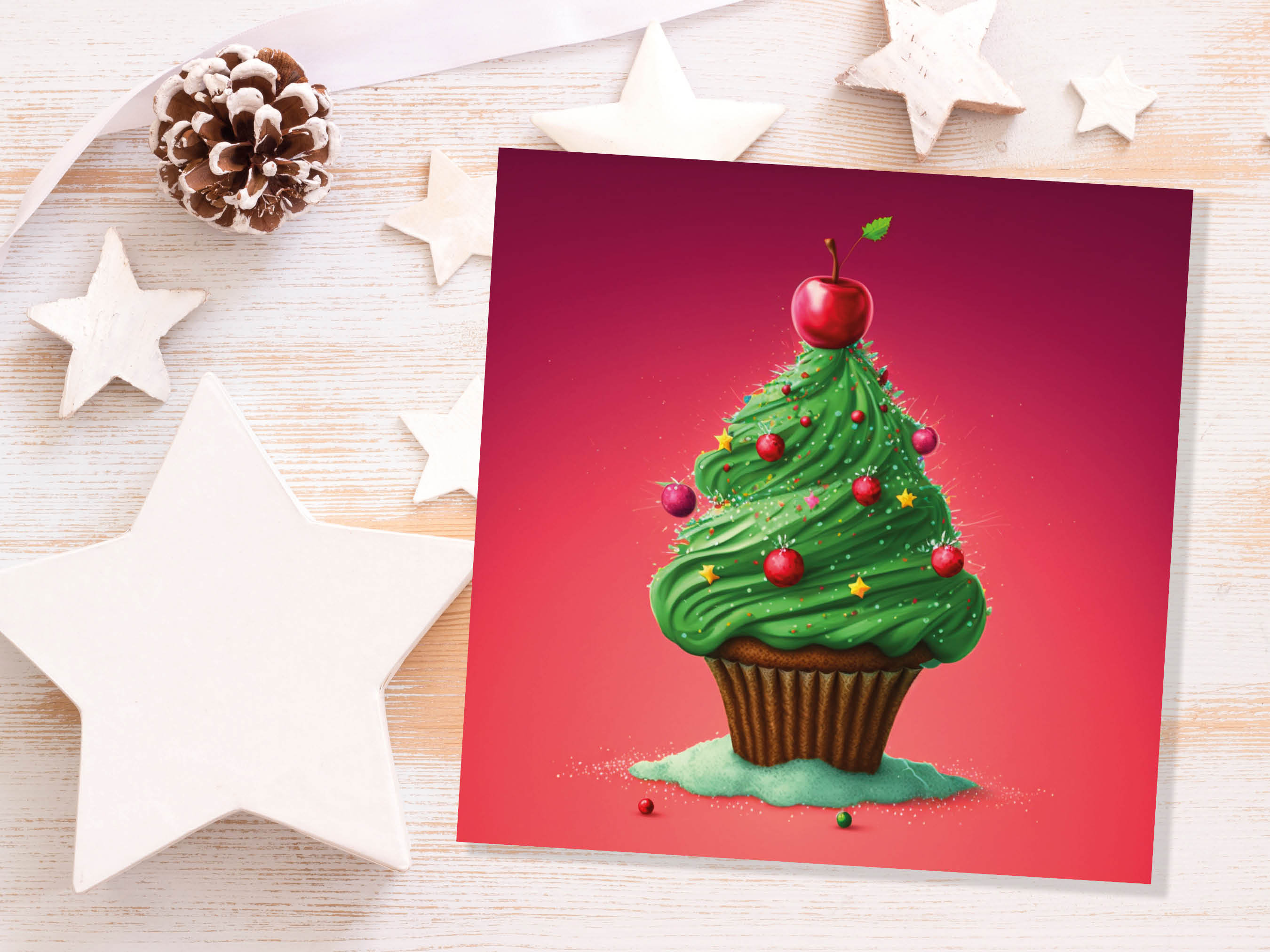 Cake Christmas Tree Card Fairy Cupcake with Green Frosting Icing Red Sprinkles Xmas Greetings Card For Bakers Baking Family Friends 2025 - View 9