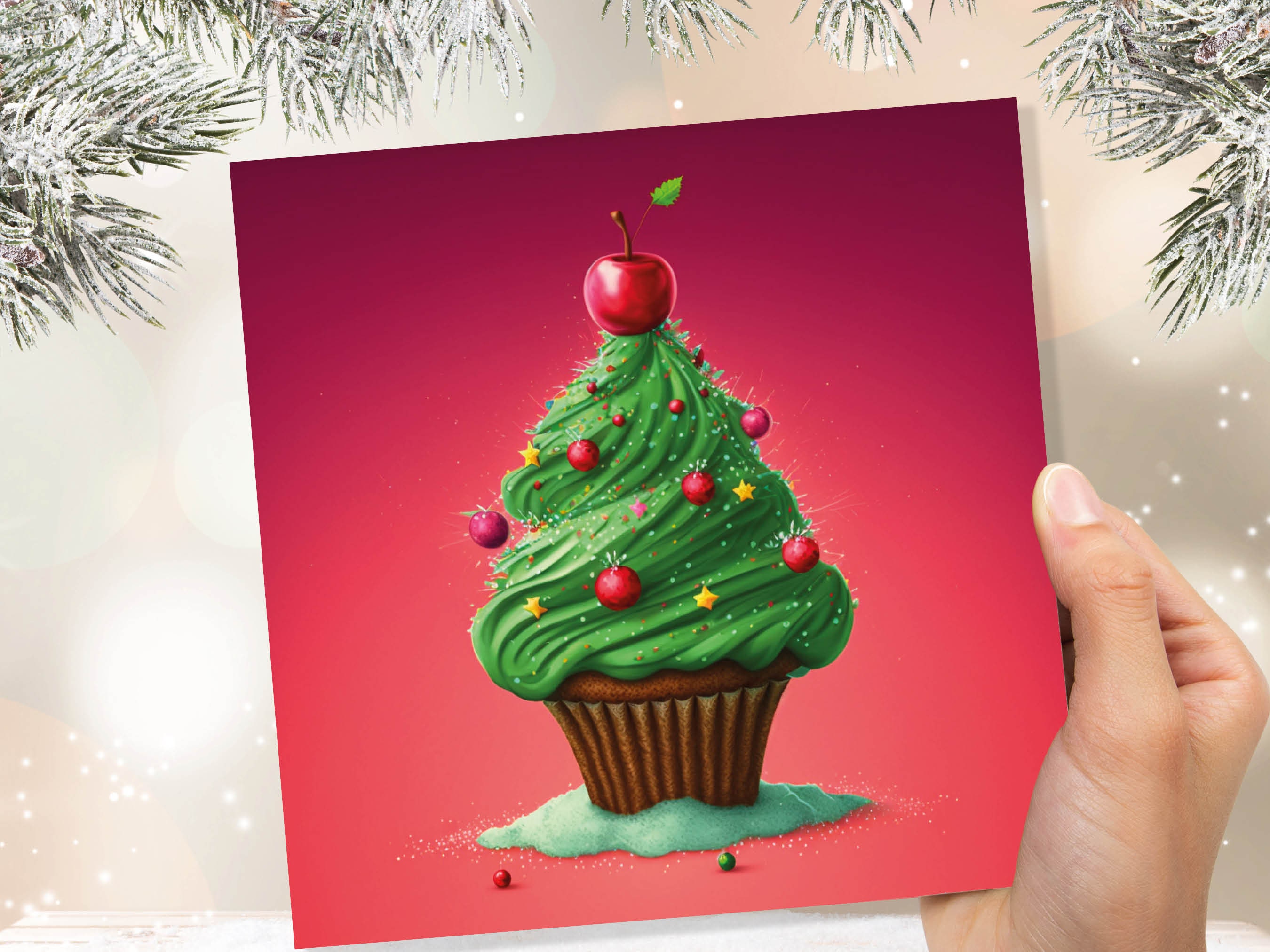 Cake Christmas Tree Card Fairy Cupcake with Green Frosting Icing Red Sprinkles Xmas Greetings Card For Bakers Baking Family Friends 2025 - View 8
