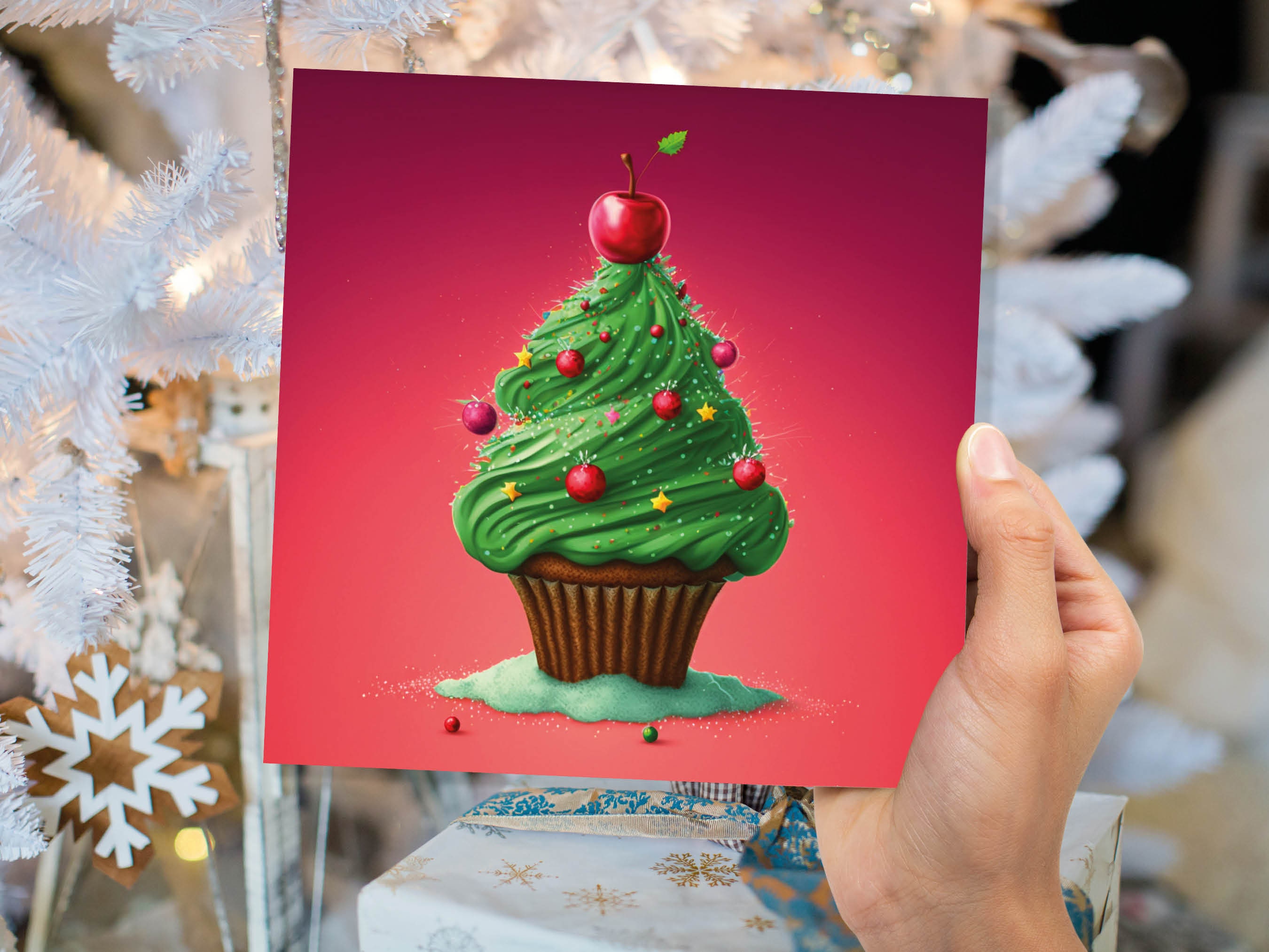 Cake Christmas Tree Card Fairy Cupcake with Green Frosting Icing Red Sprinkles Xmas Greetings Card For Bakers Baking Family Friends 2025 - View 4