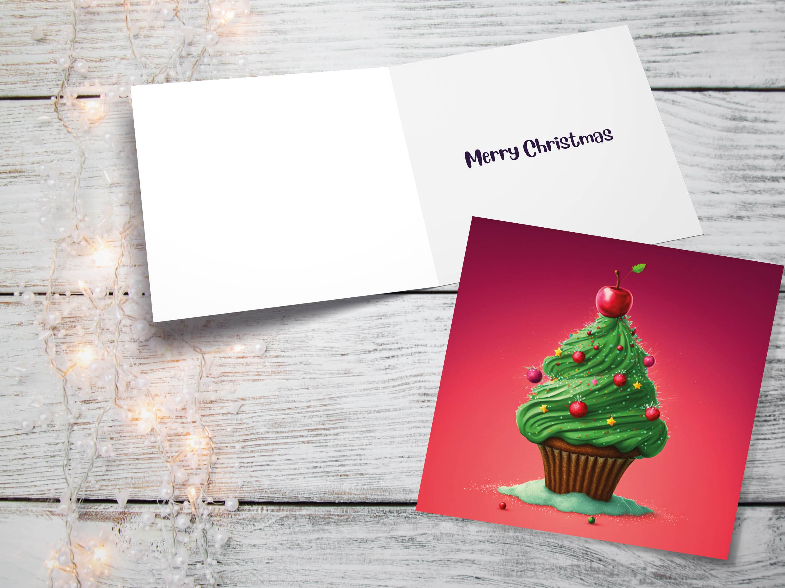 Cake Christmas Tree Card Fairy Cupcake with Green Frosting Icing Red Sprinkles Xmas Greetings Card For Bakers Baking Family Friends 2025 - View 2